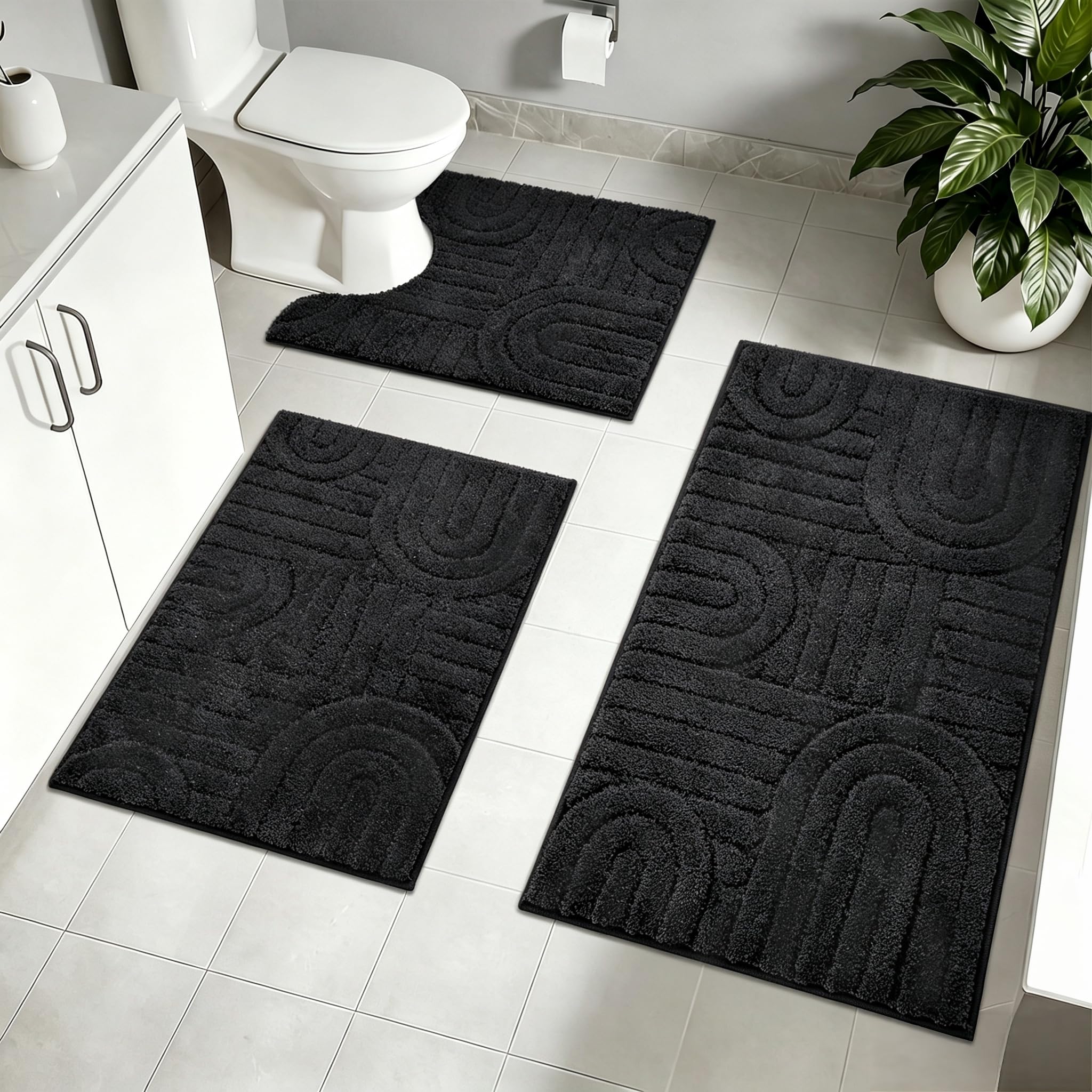 Homcomodar Set di 3 tappeti da bagno in microfibra, morbidi, antiscivolo, lavabili (nero)