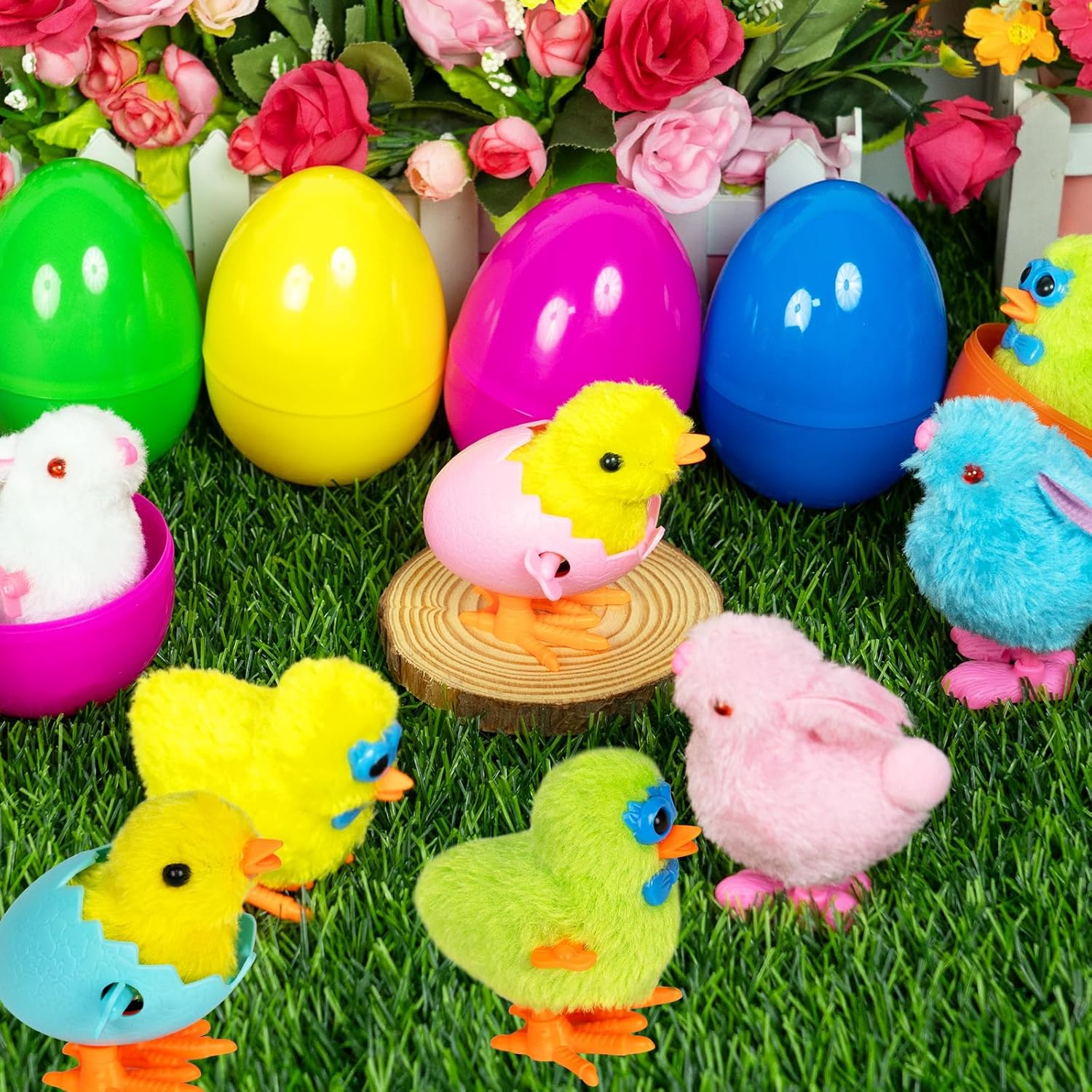 Jumbo 4" Easter Eggs Filled with Wind-up Toys, 8 Pack Colorful Easter Egg Wind Up Jumping Bunnies and Chicks Hunt Filling Treats Easter Basket Stuffers Easter Party Favors for Kids Boys Girls
