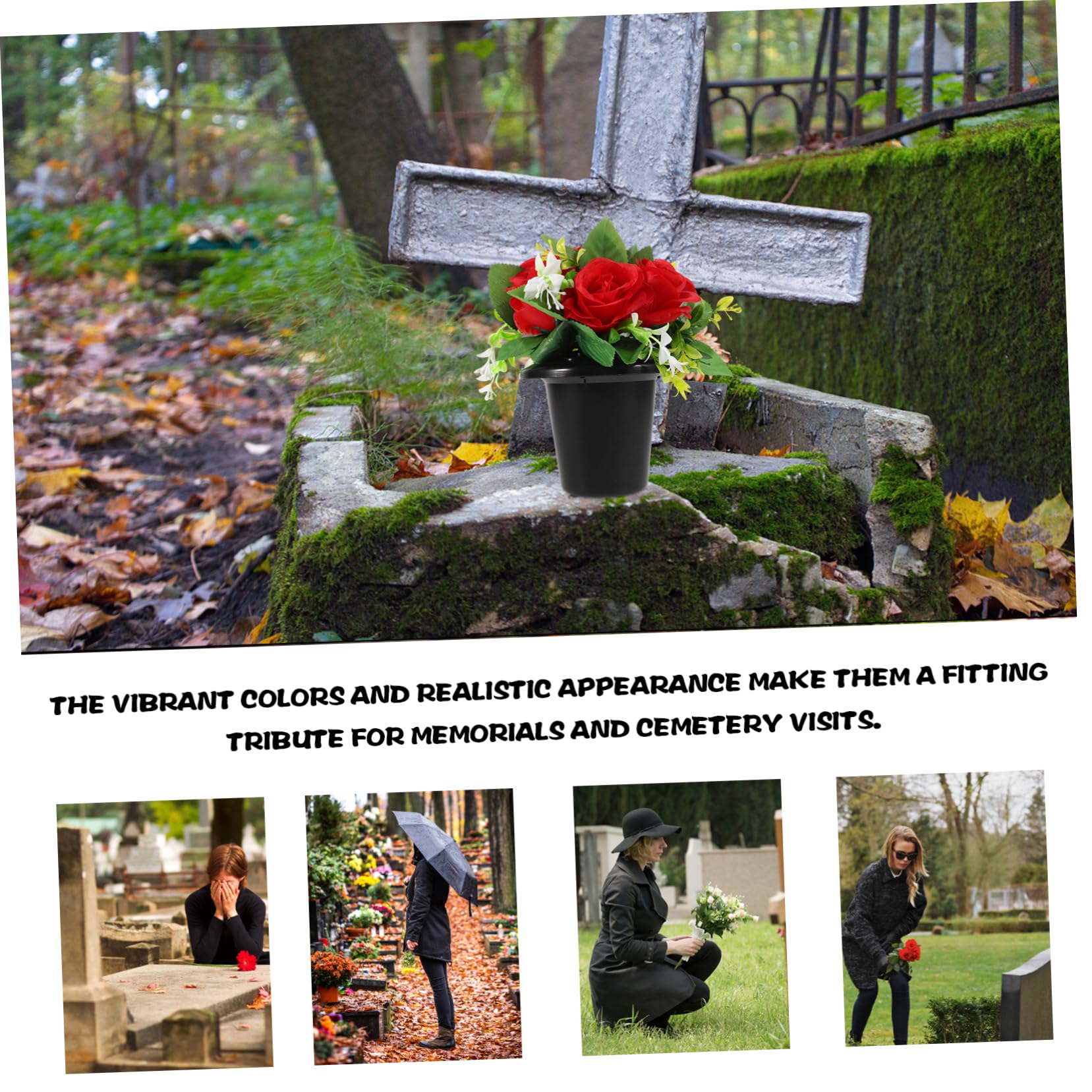 VANZACK Flores Artificiales para Cementerio con Jarrón, Flores Conmemorativas para Tumbas con Diseño de Cubo Pequeño y Resistencia al Agua, Decoración para Lápida de Cementerio