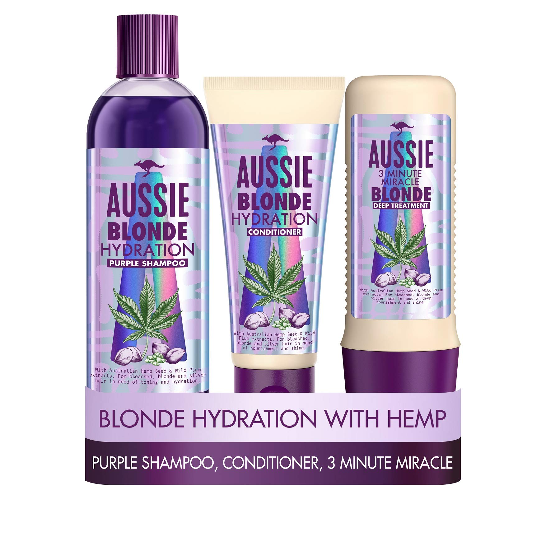 Aussie Blonde Hydration Vegan Purple Shampoo and Conditioner Set with 3