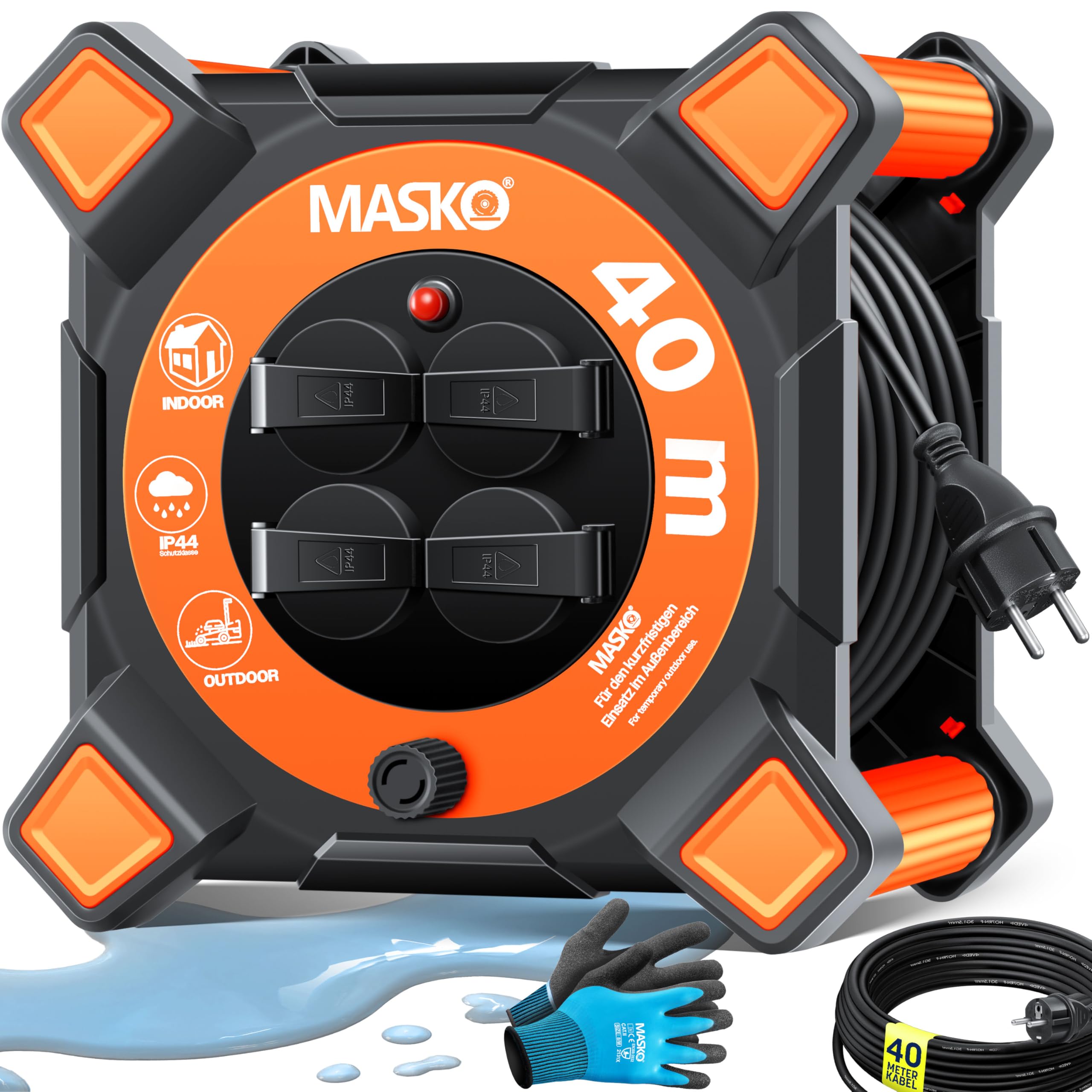 Masko® Kabelhaspel 20 m, verlengkabel met geaarde stopcontacten en wikkelgreep, outdoor kabelhaspel thermobescherming, apparaattrommel IP44, 1000 W ~ 3000 W, inclusief draaggreep en