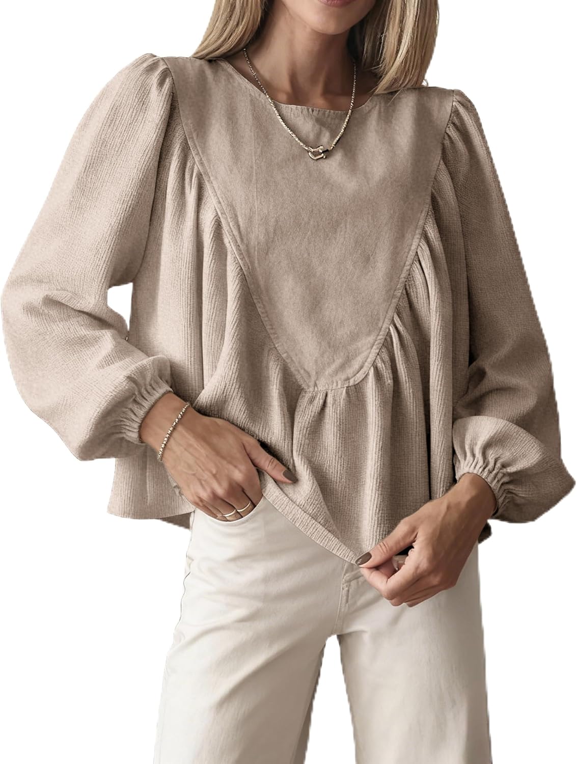 Women's Peplum Babydoll Top Waffle Knit Shirt with Back Button Lantern Sleeves for Casual Outfits