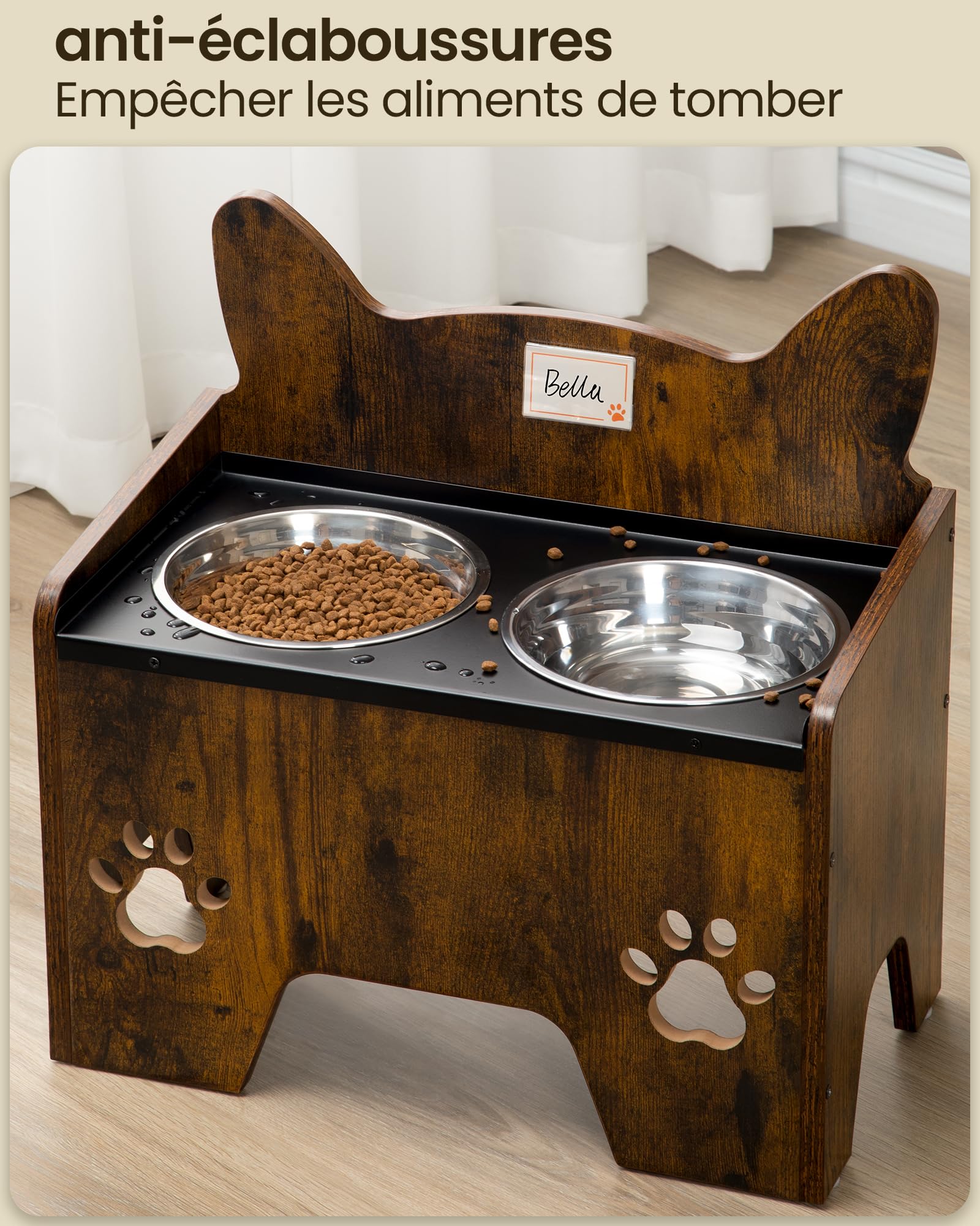 Hzuaneri Gamelles Surélevées pour Chien, Support de Gamelle pour Chien avec 2 Gamelles en Acier Inoxydable, Ensemble de Gamelle Anti-déversement, Marron Rustique et Noir PB07101B
