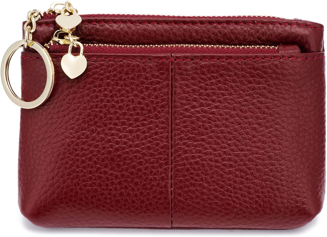 Women Genuine Leather Zip Mini Coin Purse With Key Ring Triple Zipper Card Holder Wallet