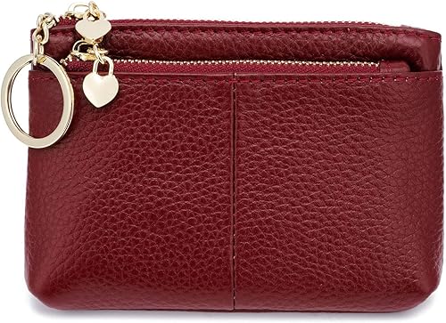 ZOOEASS Mini monedero con cremallera de cuero genuino para mujer, con llavero con triple cremallera, tarjetero