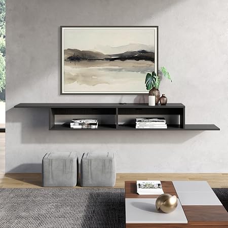 WAMPAT Floating TV Stand With Power Outlet - Mid Century Modern Wall Mount Media Console For TVs Up To 80", Rattan Doors - View #12