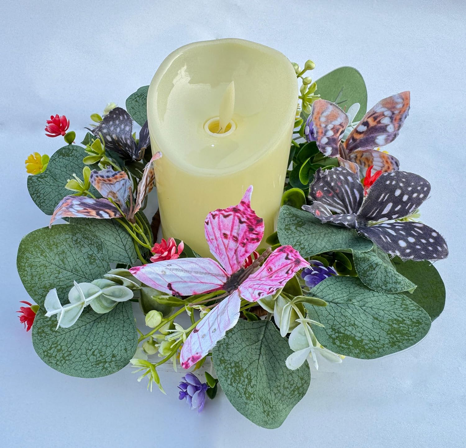 Set of 2 Butterfly Candle Rings Wreaths 4 inch Center, Spring Summer Floral Candle Holder Rings Artificial Butterflies with Eucalyptus Leaves Easter Candle Wreaths Rings