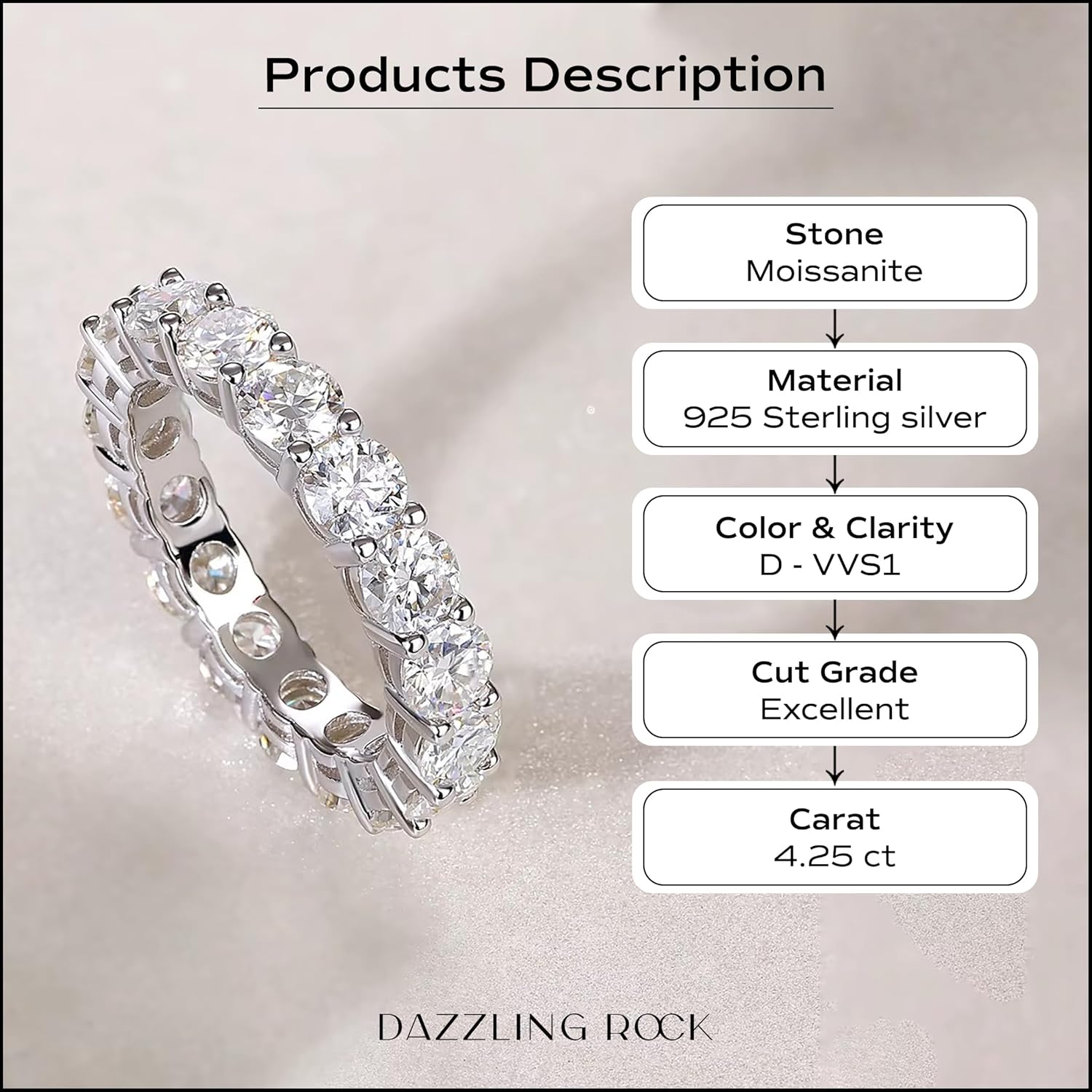 Dazzlingrock Collection 4.25 Carat GRA Certified D Color VVS1 Round Eternal Radiance Moissanite Eternity Wedding Band for Women in 925 Sterling Silver - Image 3