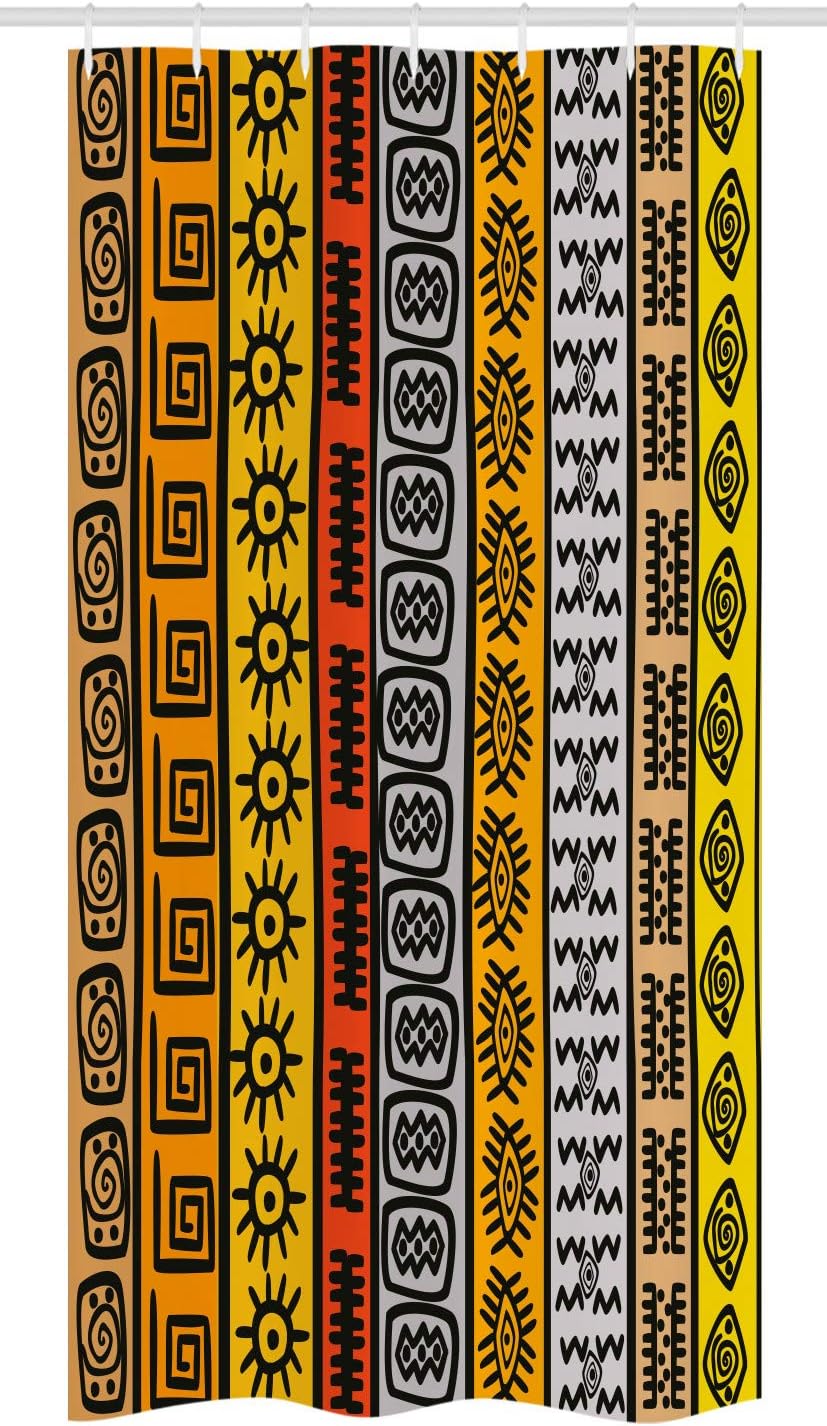 Ambesonne Tribal Stall Shower Curtain, Motifs with Hand Drawn Style Borders Pattern Art, Fabric Bathroom Decor Set with Hooks, 36" W x 72" L, Black Orange and Yellow