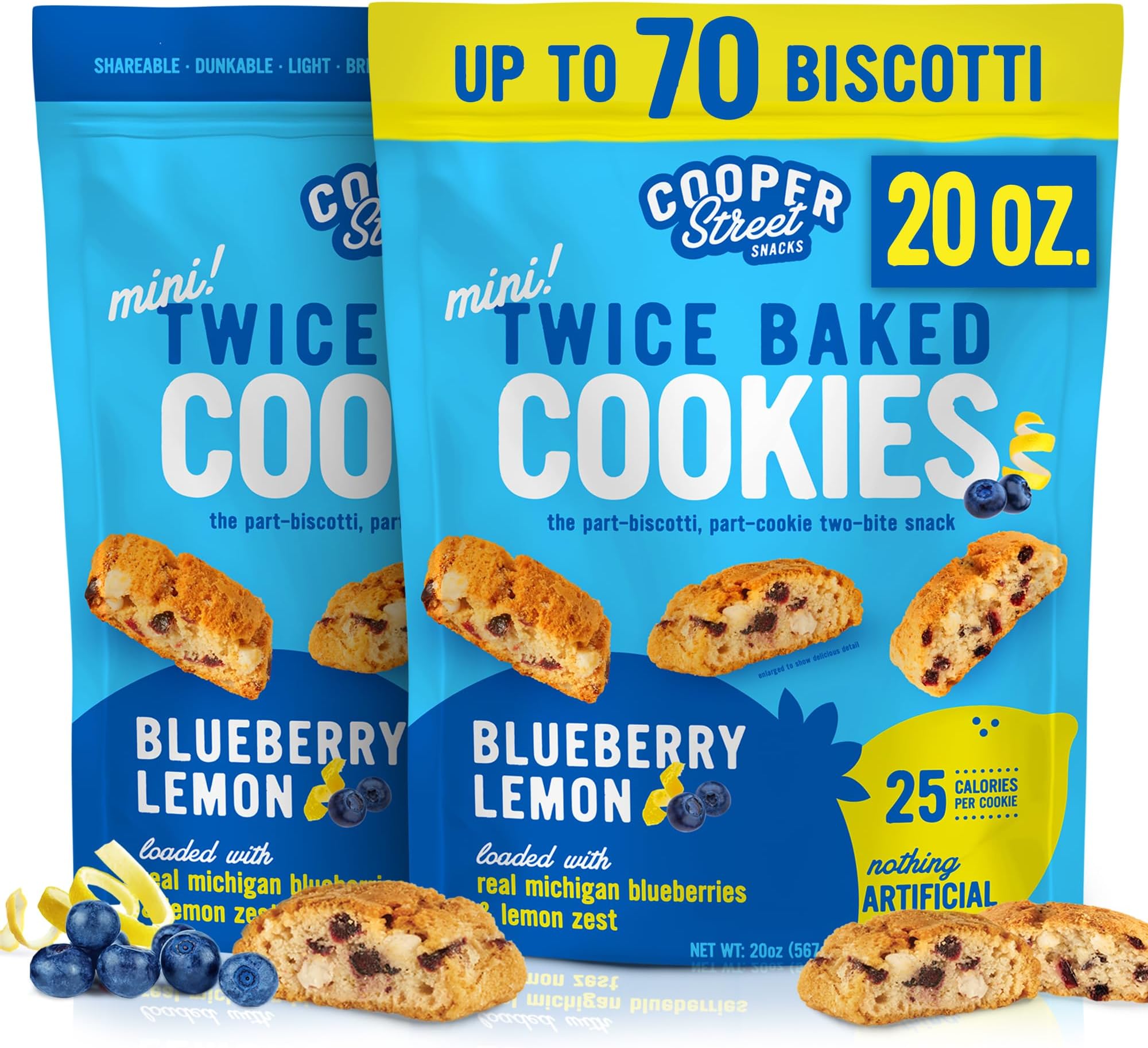Cooper Street Italian Biscotti Cookies - Twice Baked Biscotti Style Cookie Biscuits in Delicious Blueberry Lemon Flavor | Crispy, Light and Healthy Cookies | Peanut & Dairy Free | 20oz | 2 Pack