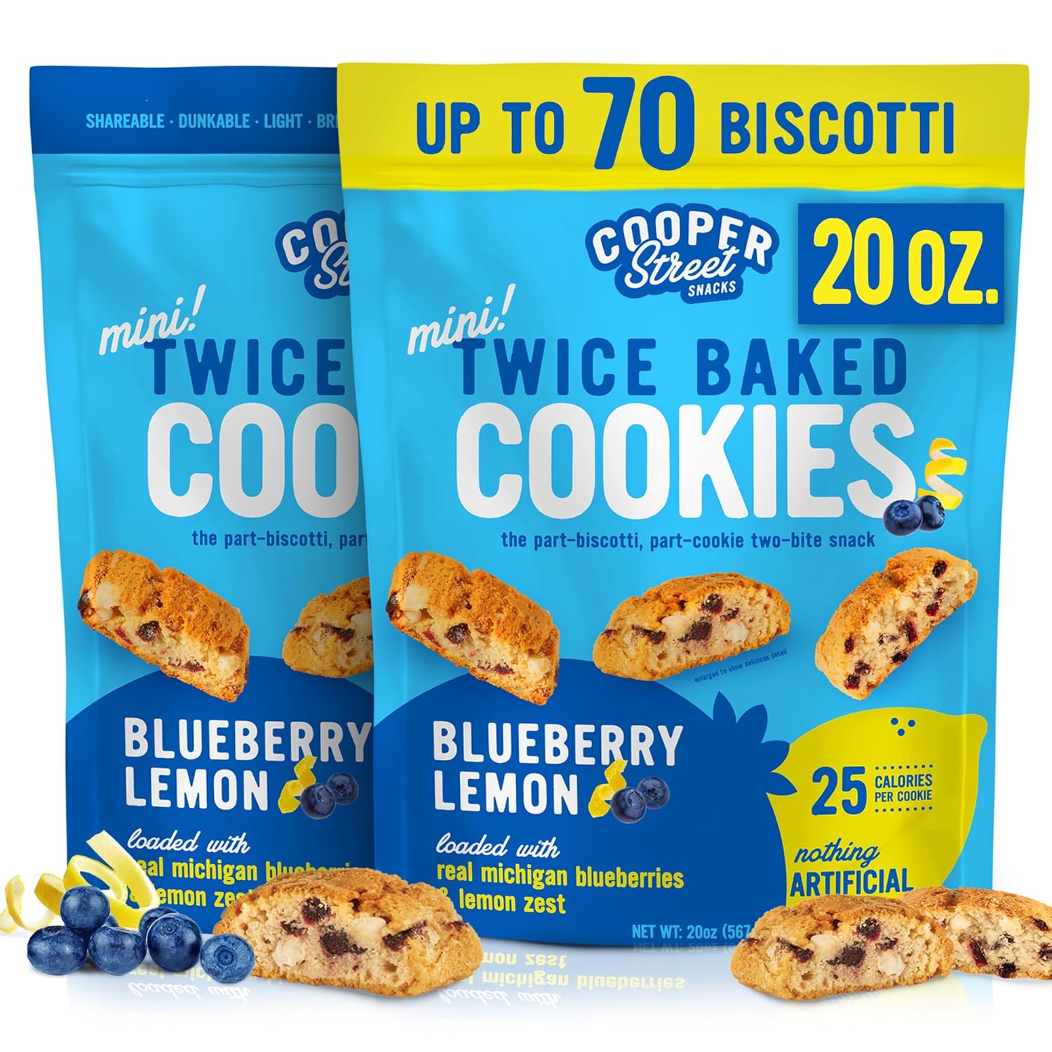 Cooper Street Italian Biscotti Cookies - Twice Baked Biscotti Style Cookie Biscuits in Delicious Blueberry Lemon Flavor | Crispy, Light and Healthy Cookies | Peanut & Dairy Free | 20oz | 2 Pack