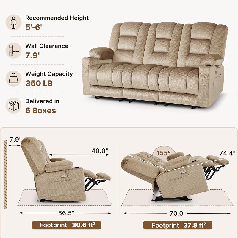 MCombo 82 in 3 Seater Reclining Sofa with Heat and Massage PR648M3 (Beige) image 3