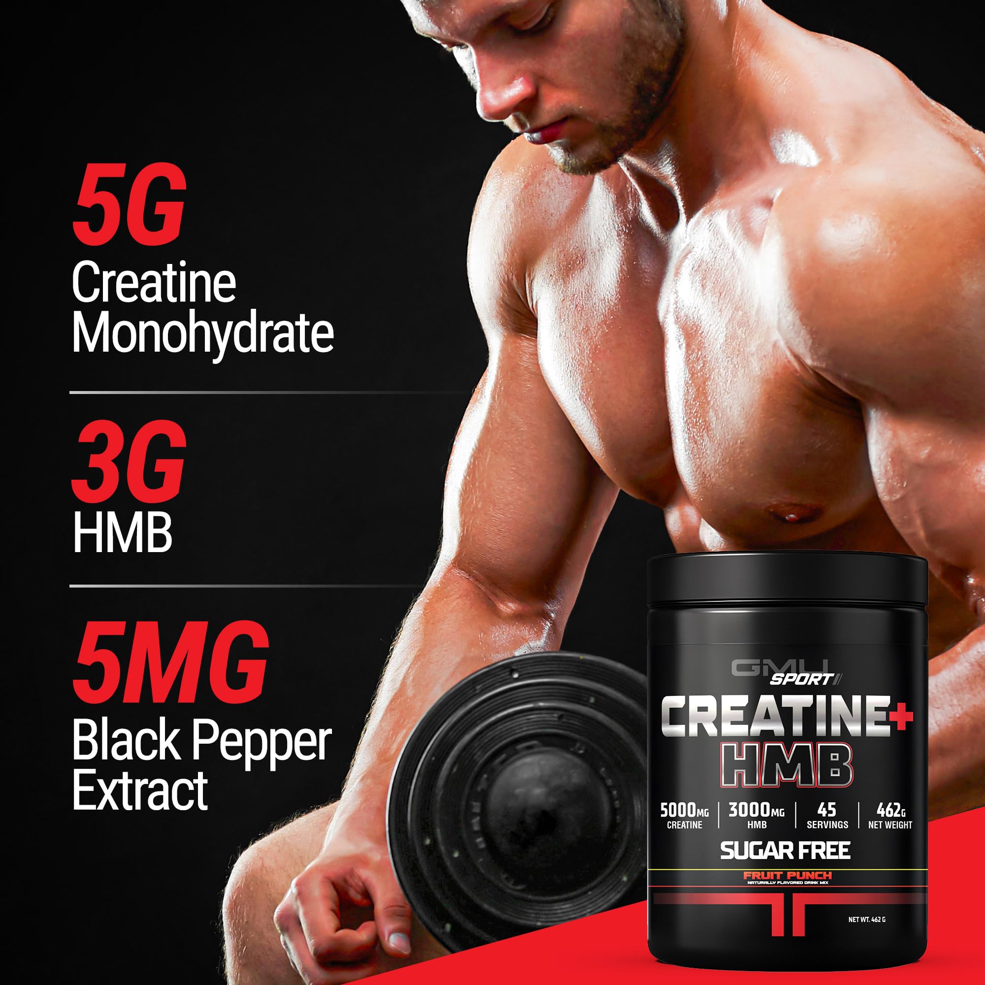 GMU SPORT Creatine HMB Powder – 45 Servings – 5g Creatine Monohydrate + 3g HMB + Piperine – Muscle Growth, Strength & Recovery – Fruit Punch — Amazon image 7