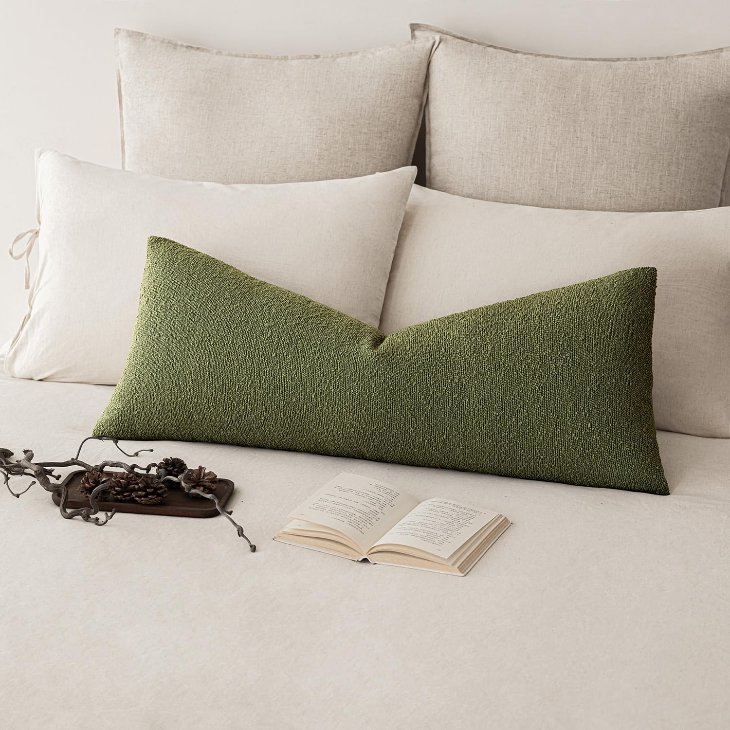 Foindtower Decorative Textured Boucle Throw Pillow Covers Accent Solid Pillow Cases Neutral Long Body Lumbar Couch Cushion Case for Chair Sofa Bedroom Living Room Home Decor 14x36 Inch,1PC,Green — image 1