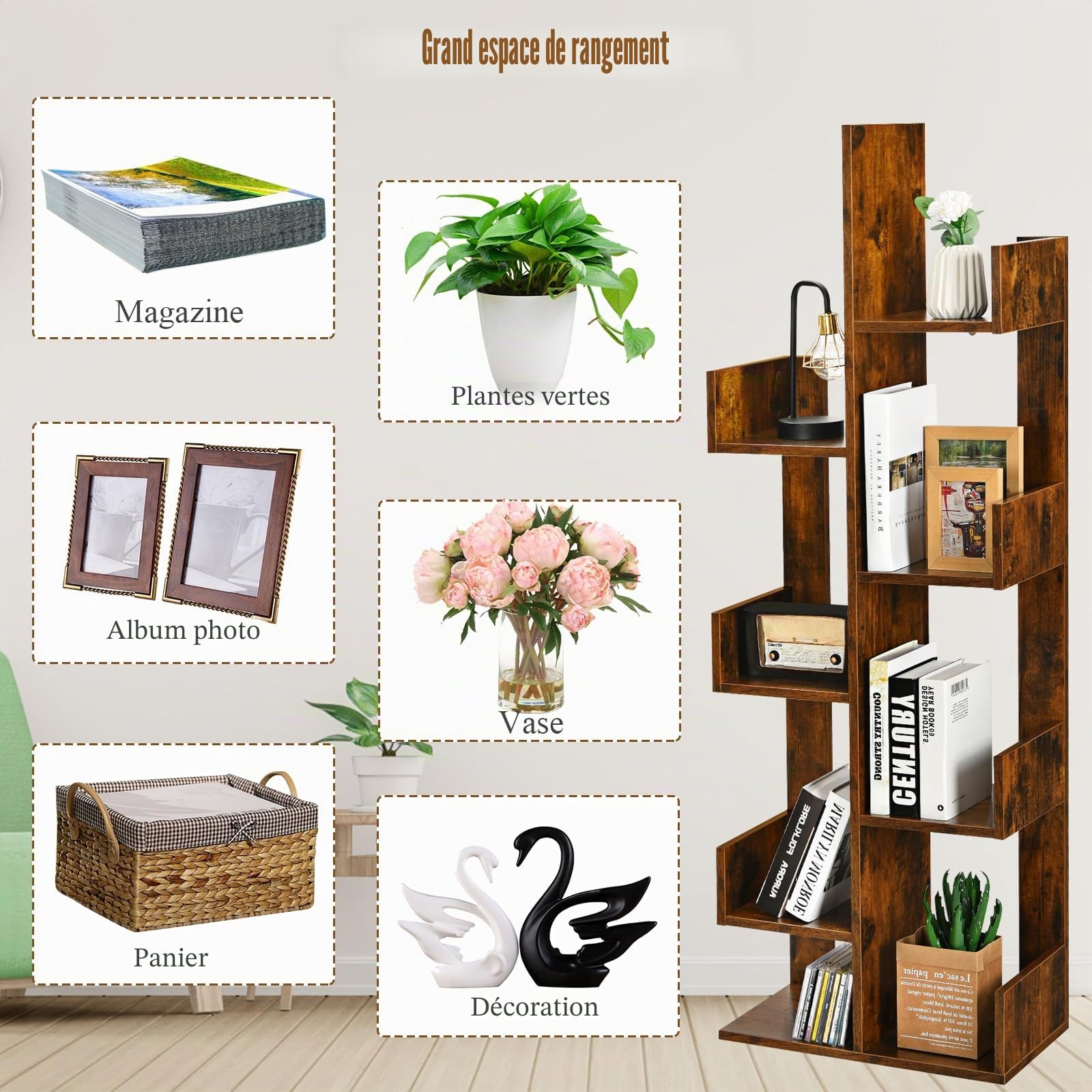 HOMASIS Bibliothèque en forme d'arbre, étagère sur pied avec 8 niveaux, compartiments en bois, rangement pour salon, chambre à coucher, bureau, 50 x 25 x 145 cm (marron)