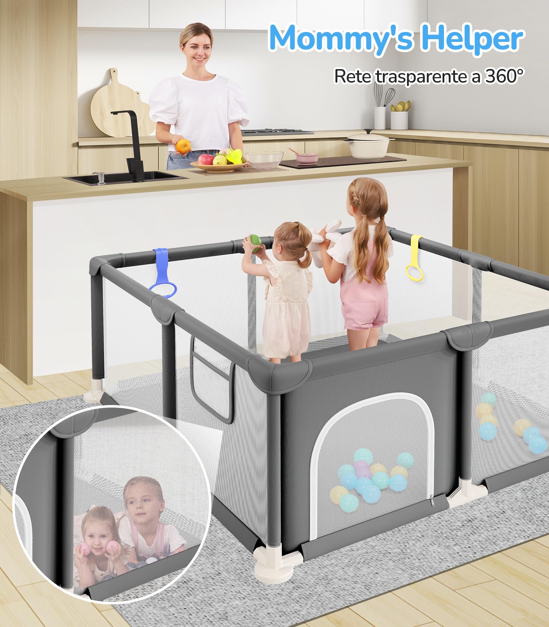Dripex Box per Bambini Recinto Neonato - Small - Grigio Scuro | 124 x 124 cm Rete Traspirante Tessuto Oxford 210D, 2 Anelli di Gioco