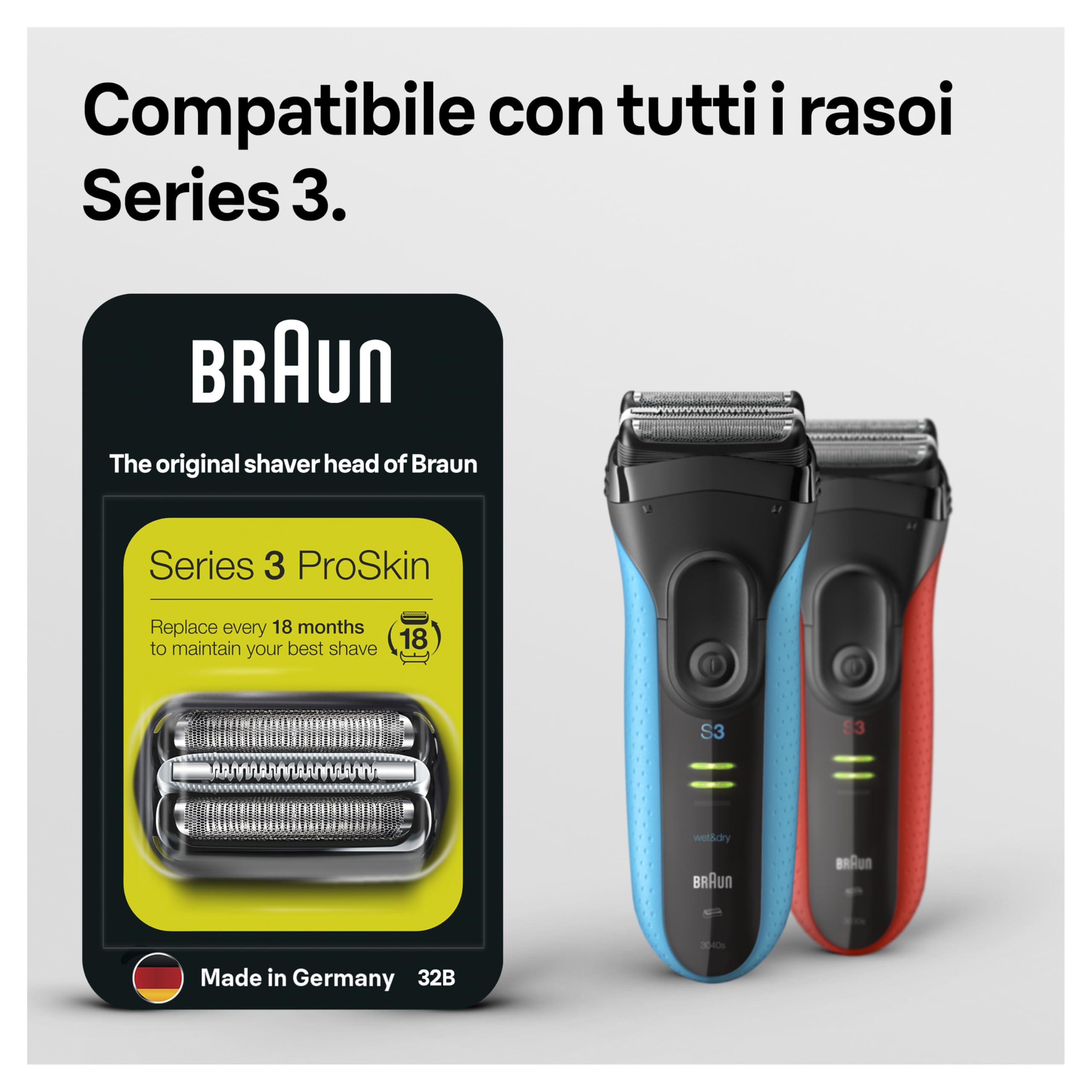 Braun Serie 3, Testina Braun ORIGINALE Per Rasoio Elettrico Barba, Recupera il 100% delle Prestazioni Del Tuo Regolabarba Uomo, Compatibile con i Rasoi Series 3 ProSkin, 32B versione precedente