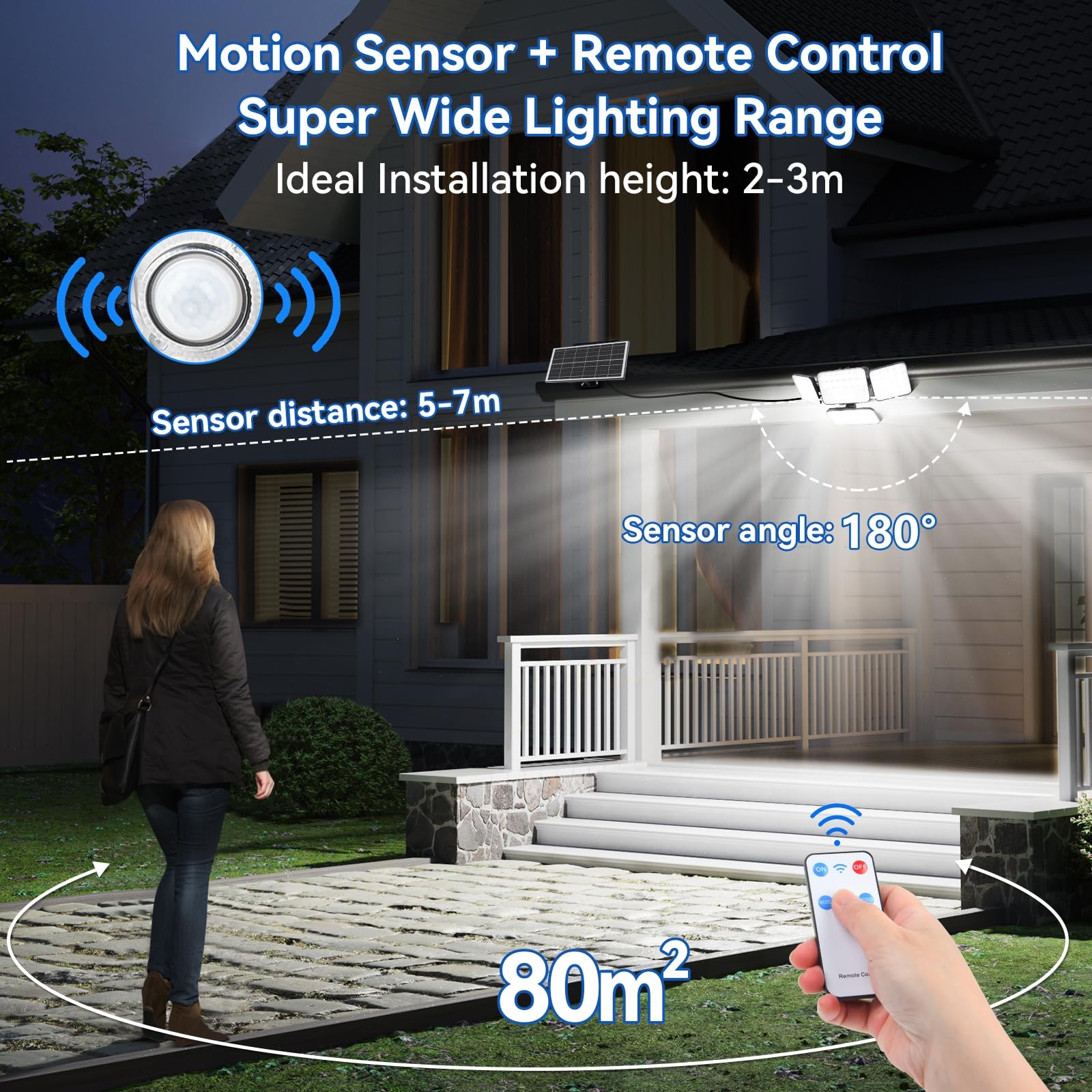Luci solari da giardino, 292 LED, luci di sicurezza a energia solare, sensore di movimento per esterni, 3 teste regolabili, angolo di illuminazione a 270°, impermeabile IP65, lampada da parete ad