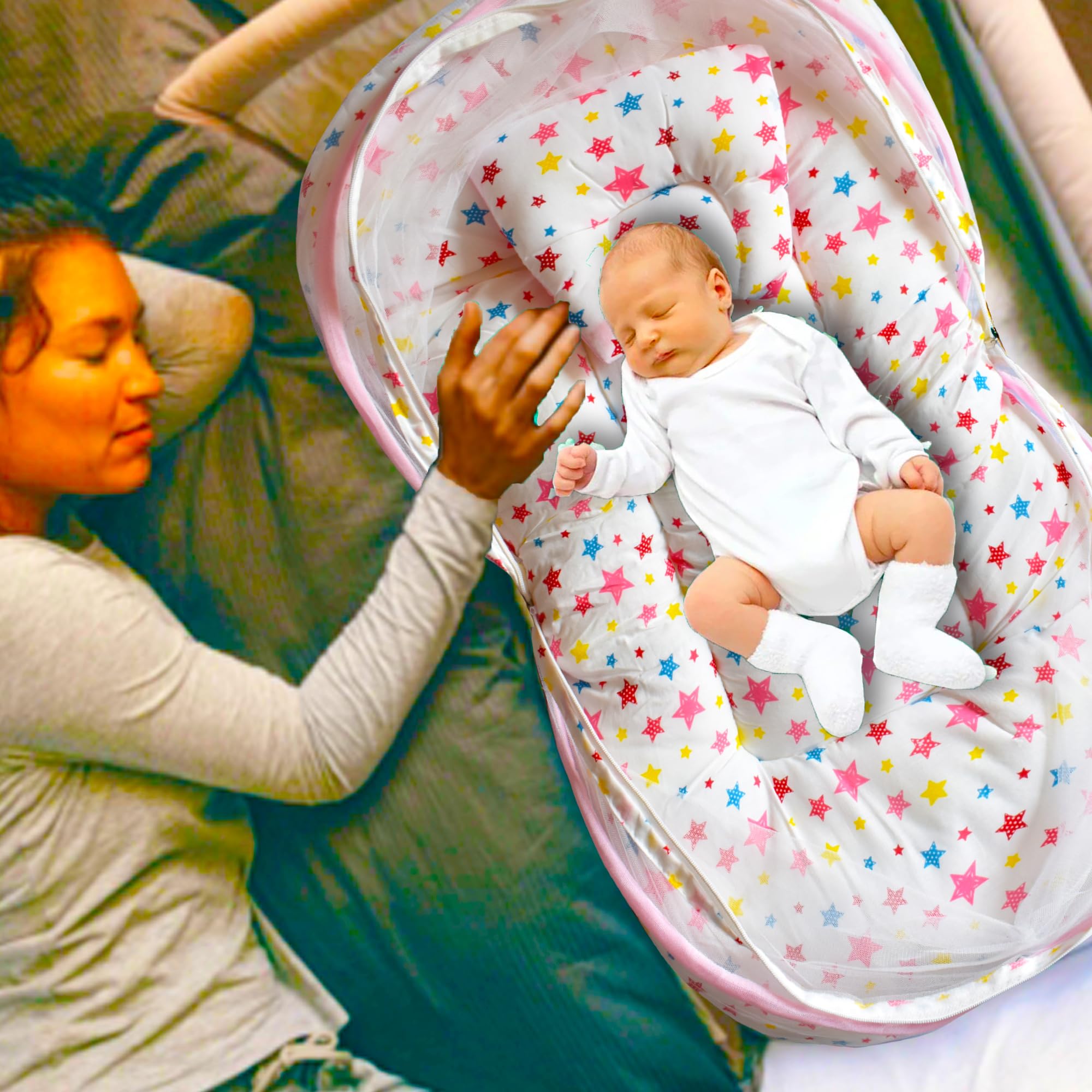 VParents Joy Pink Cotton Bedding Combo: Mosquito net Attached Bed & Travel Nest 3
