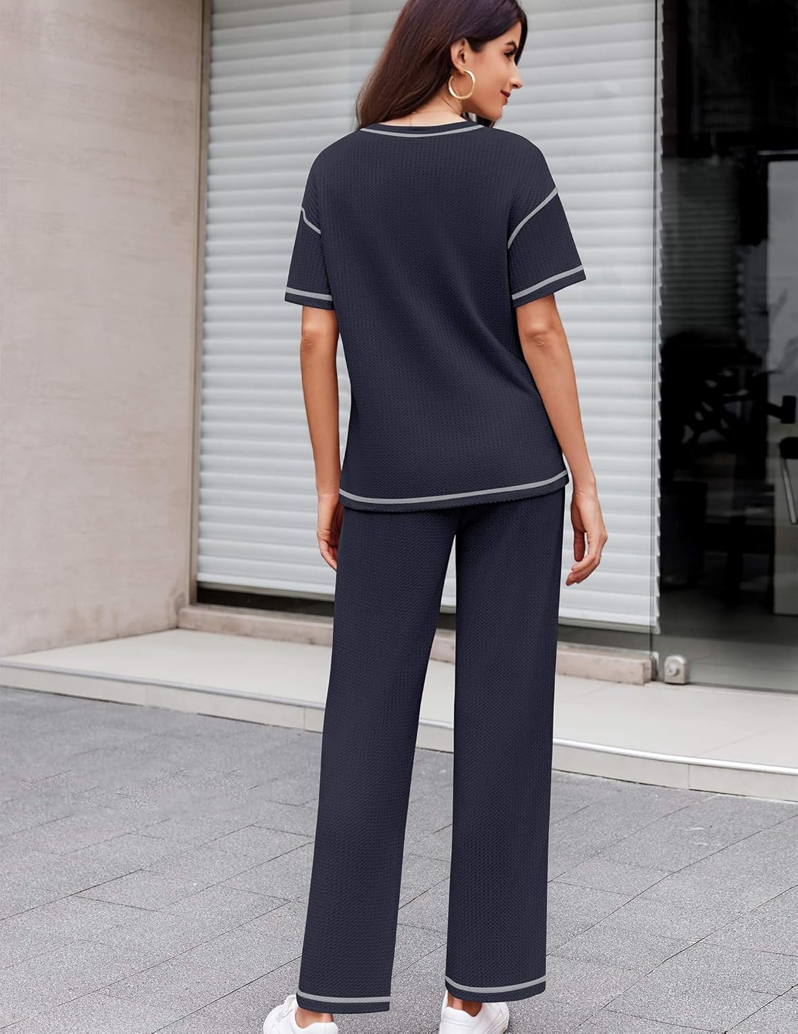 Ekouaer Women Waffle Knit Lounge Sets Short Sleeve Top and Long Pant Pajama Set Loungewear 2 Piece Pjs Set with Pockets - Image 5