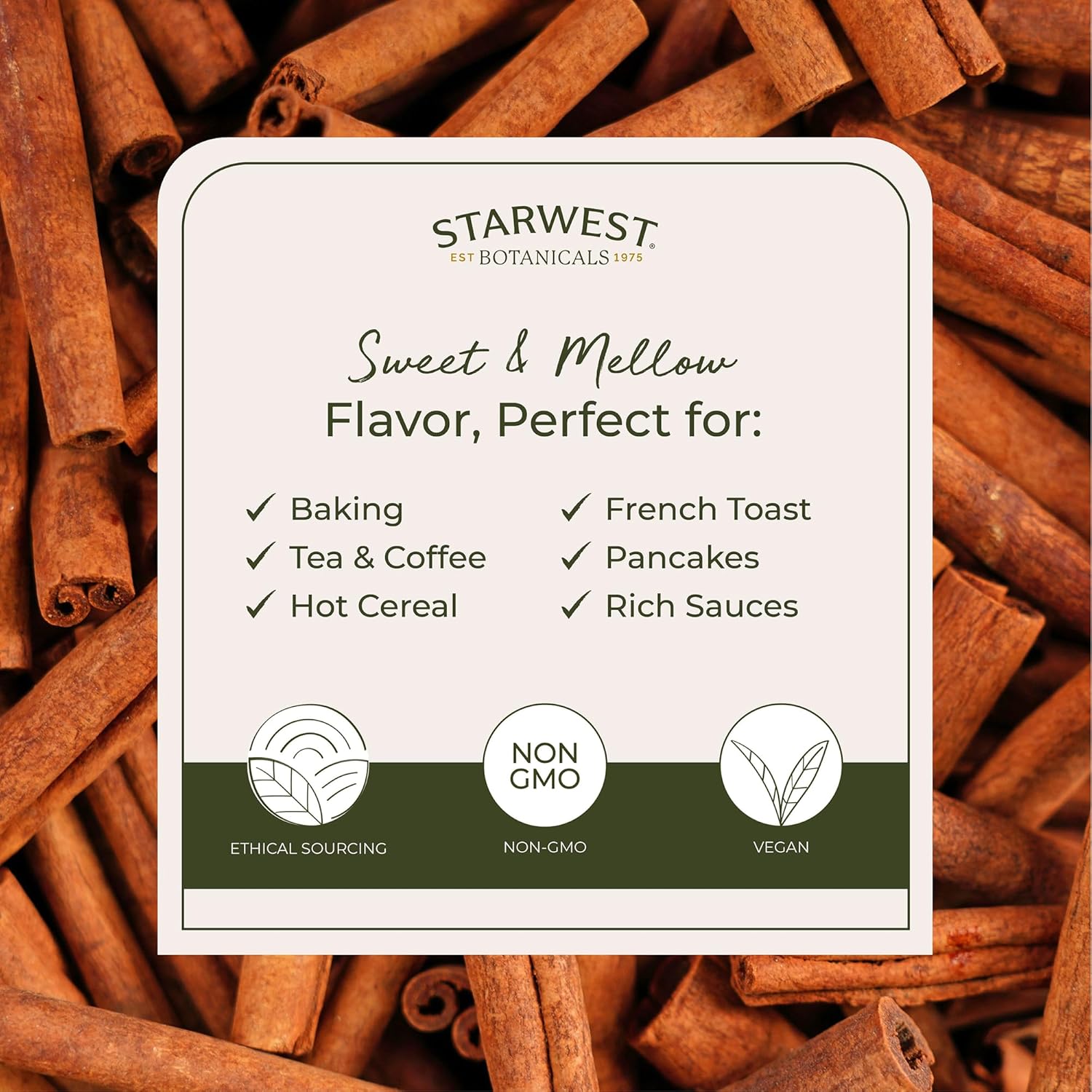 Starwest Botanicals Organic Cinnamon Sticks Whole - Spice for Tea, Cooking, & Baking, Korintje Cinnamon, Sweet & Mellow Flavor, Certified Kosher, Non-GMO - Bulk 1 lb Bag
