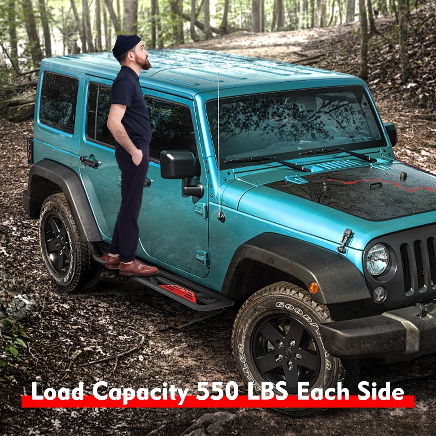 YEEGO DIRECT Running Boards Side Steps for 2007-2018 Wran-gler JK 4 Door, Nerf Bars Running Board Side Step,Steel Power Coated Unique Design, Load Capacity 550LBS,Black Red