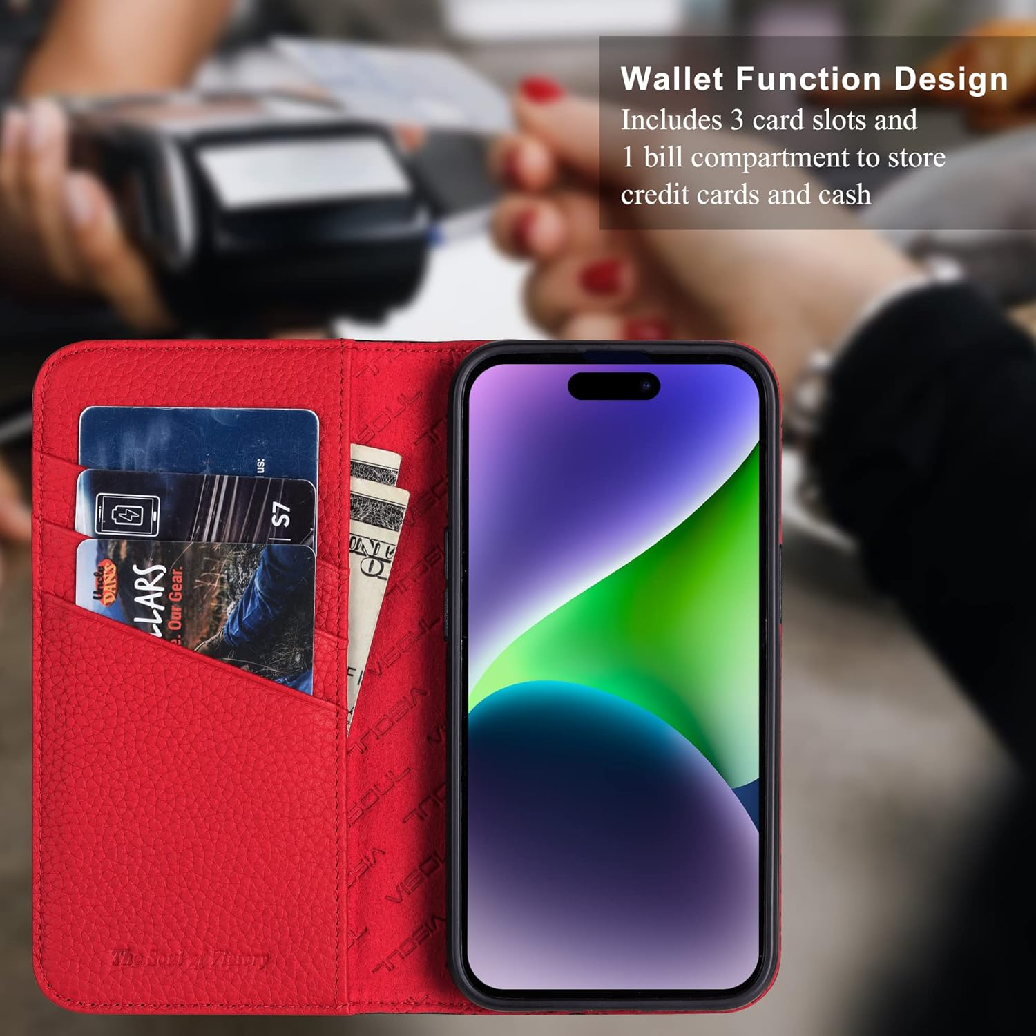 VISOUL Pebbled Leather Wallet Case for iPhone 14 Pro, Genuine Leather Magnetic Flip Folio Case with Card Holder Kickstand Designed for iPhone 14 Pro (6.1")-Black+Red