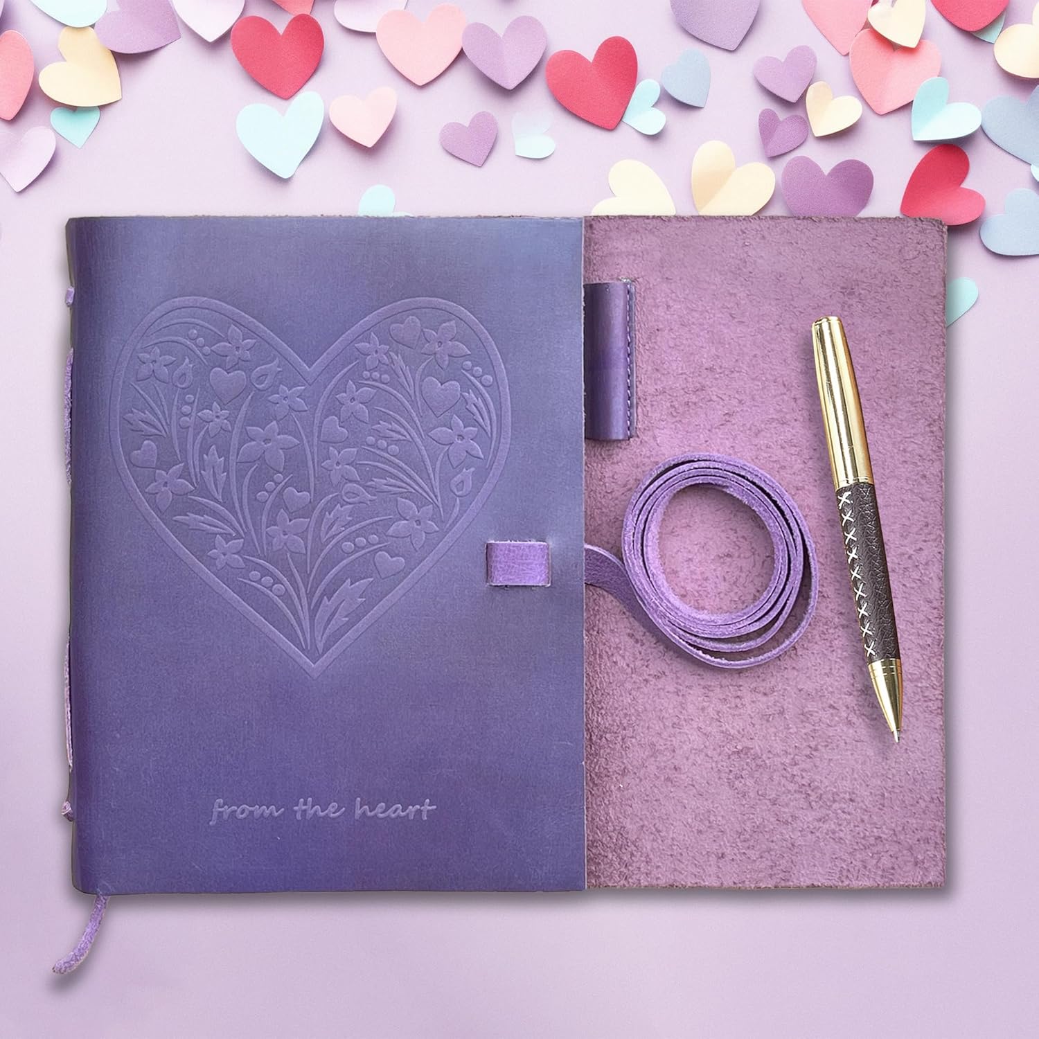 Sovereign-Gear Leather Journal for Women, Handmade Purple Heart Bound Journal with Stylish Pen, Vintage and Classic, A5 Embossed Heart Leather Notebook, 8x6 Unlined Sketchbook