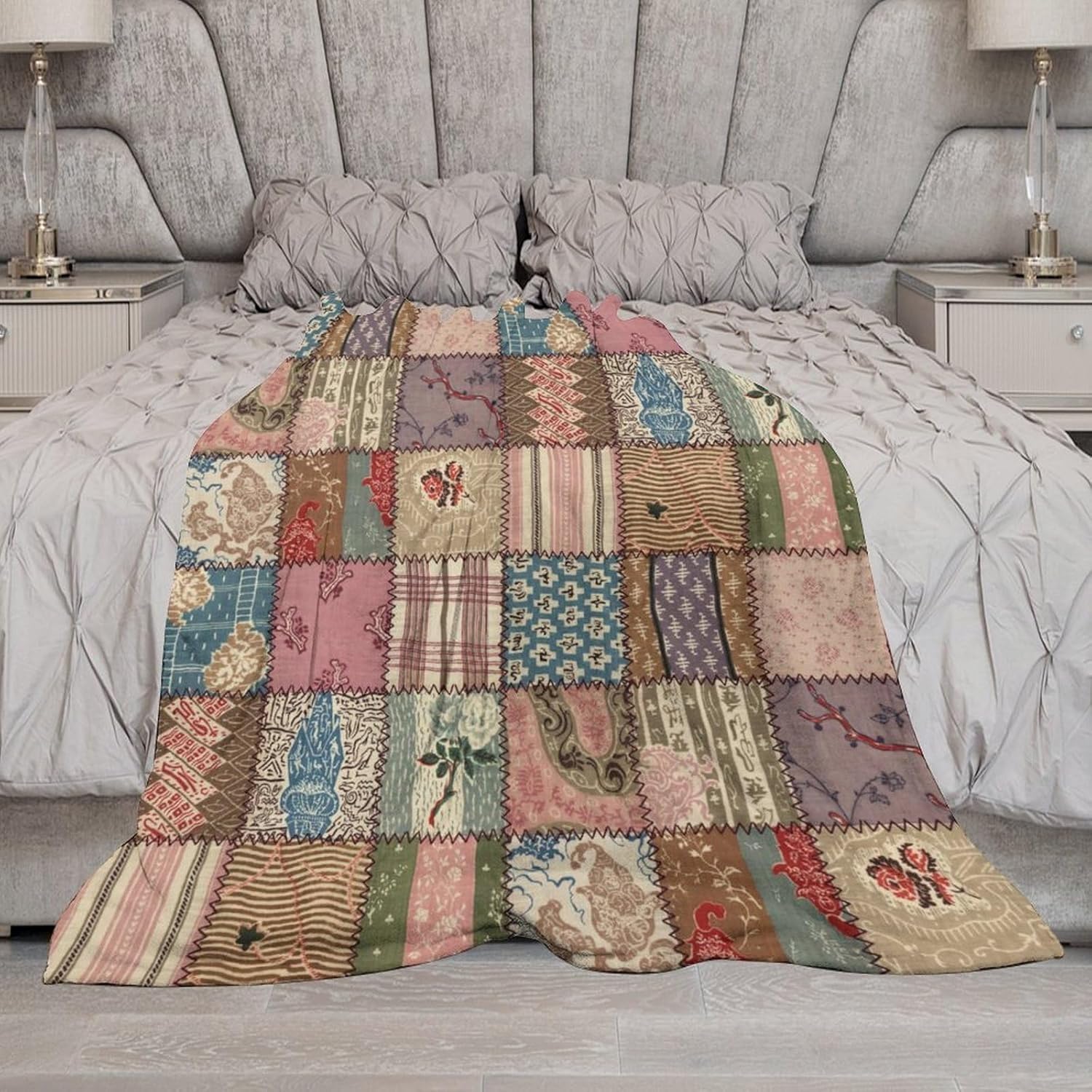 Boho Patchwork Throw Blanket,Farmhouse Colorful Bohemian Floral Stitching Patch Pattern Soft Cozy Warm Flannel Blankets for Sofa Couch Bed Gifts for Lover Kids Girls Boys Women Adults 70x80 Inch