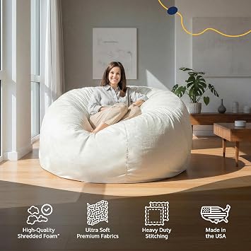 ULTIMATE SACK | 5.5 Ft Lounger Bean Bag Chair | Black Fur | Foam Filled - Removable Washable Cover