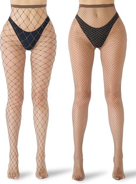 Tiger Wang Fishnet Stockings for Women, 2-Pack Black Fishnet Tights, Large & Small Mesh, Stretchy Nylon-Spandex Hosiery for Carnival, Cosplay, Halloween & Parties