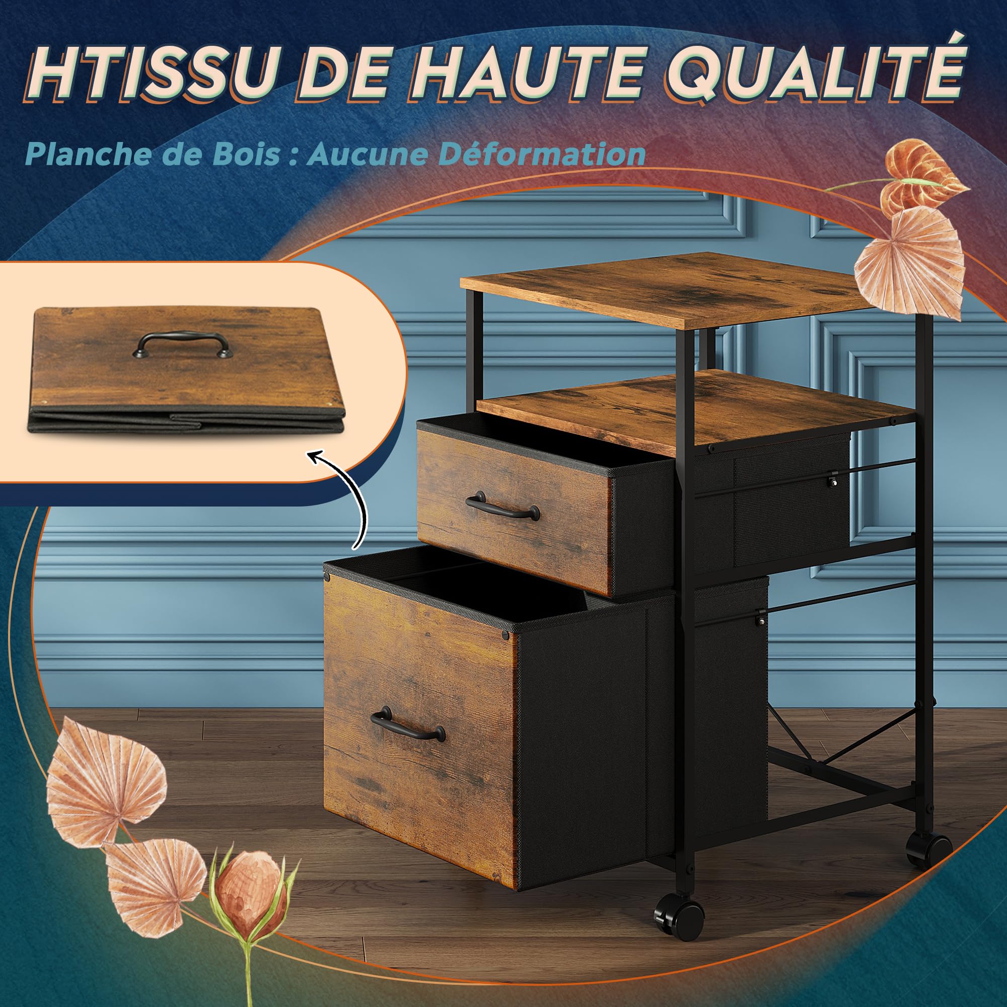 DEVAISE Caisson de Bureau Mobile avec Étagère Ouverte Meuble Rangement sous Bureau 2 Tiroirs Tissu pour Documents A4/Letter, Style Industriel Rétro Brun Campagne à roulettes