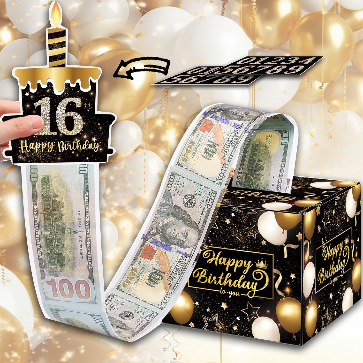 Birthday Money Box for Cash Gift Pull,Birthday Party Decorations for Girls Boys 16th 17th 18th Birthday Money Gift Boxes Surprise Money Box Pull Out with 50Pcs Bags DIY Gifts for Any Age(Black Gold)