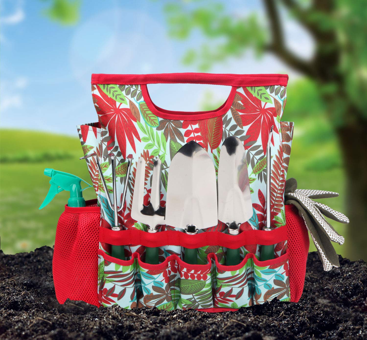 Juego de Herramientas de jardín de 9 Piezas con Guantes y Bolsa Colorida, Kit de Herramientas de Mano de jardinería con Bolsa de Almacenamiento