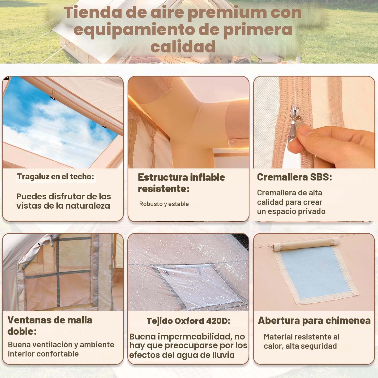 Tienda de campaña inflable con bomba, tienda de campaña inflable para camping, 4 temporadas, resistente al agua y al viento, tienda de campaña Oxford con ventanas y puertas de malla para 2-4 personas,