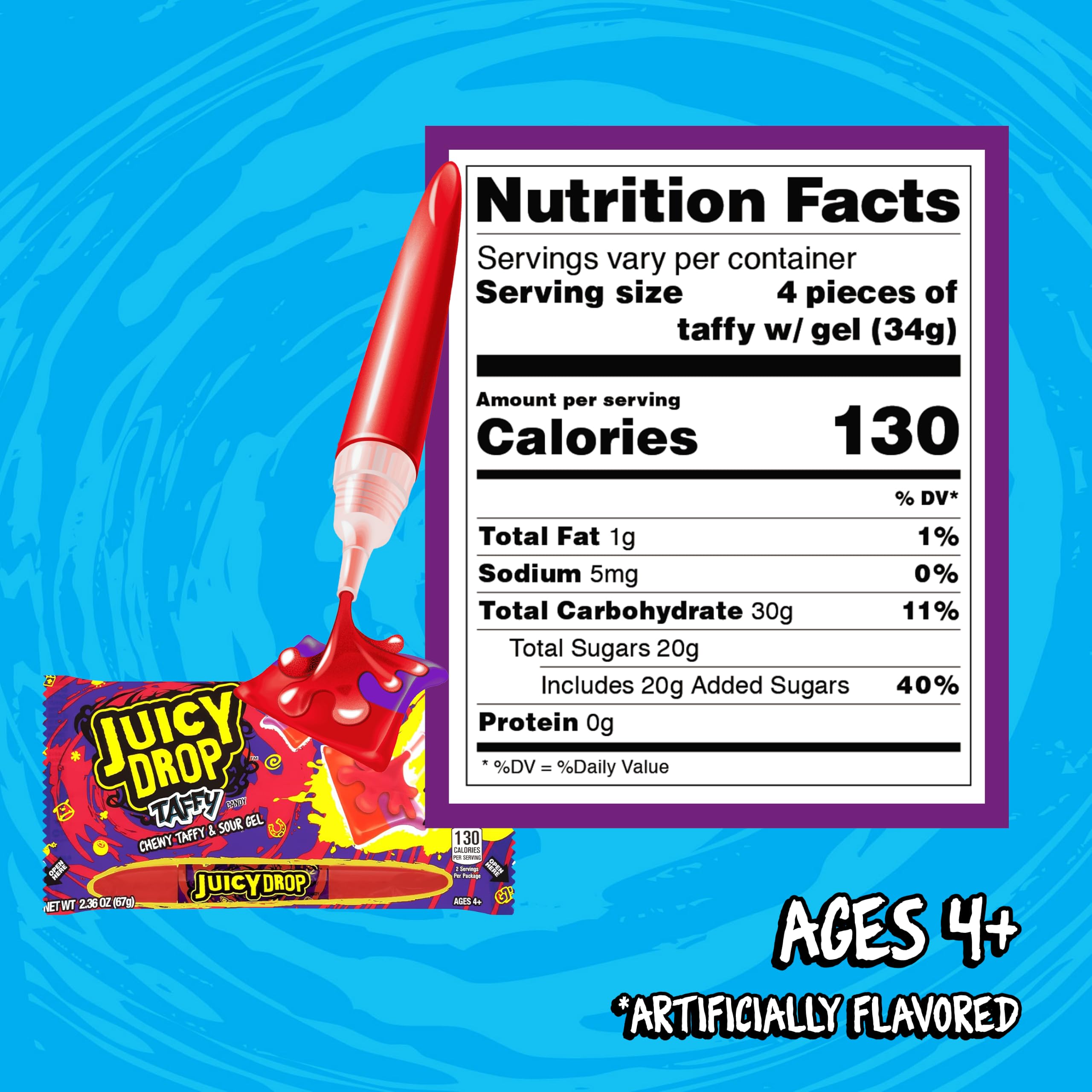 Juicy Drop Taffy Variety Pack Assorted Flavors Sweet Chewy Candy with Sour Gel Pen 16 Count | with Sour Gel Pen 16 Count product thumbnail 4