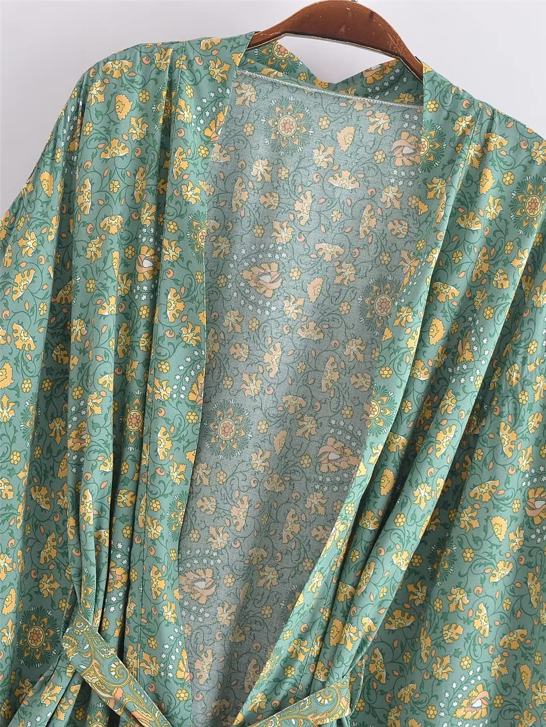Dninmim Bata estilo kimono de algodón con estampado floral vintage para mujer, de manga larga, para verano, para la playa, estilo bohemio, Como se muestra en la imagen, M