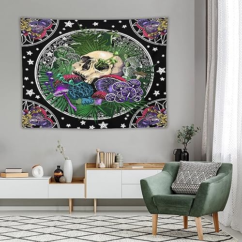 Miniatura 4 de Tapiz gótico de calavera de azúcar, colorido hongo negro estrellado constelación trippy tarot tapiz colgante de pared para dormitorio, sala de