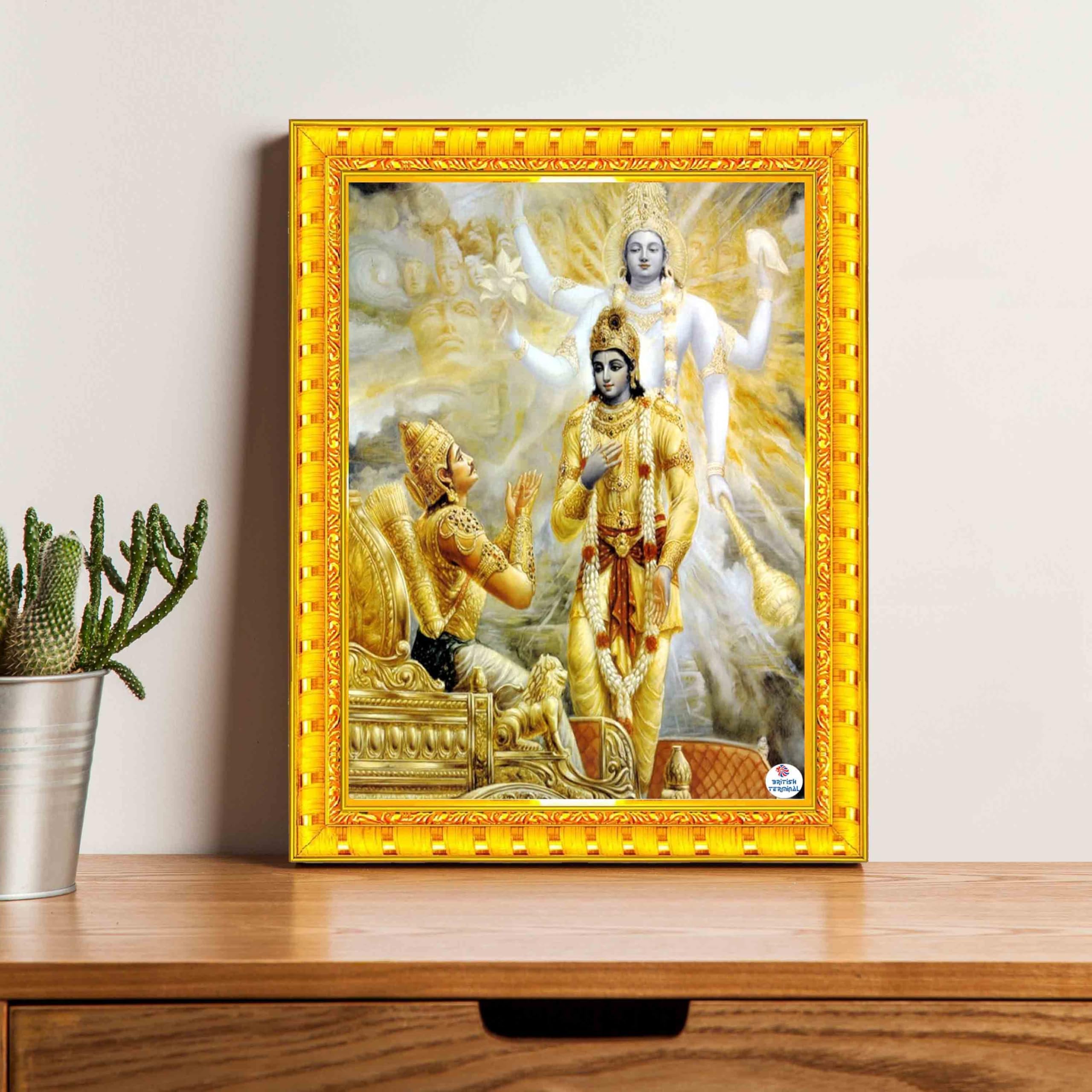 British Terminal Religious Wall Art, Lord Krishna Arjun Mahabharat Scene, Decorative Golden Photo Frame (4x6 inch)