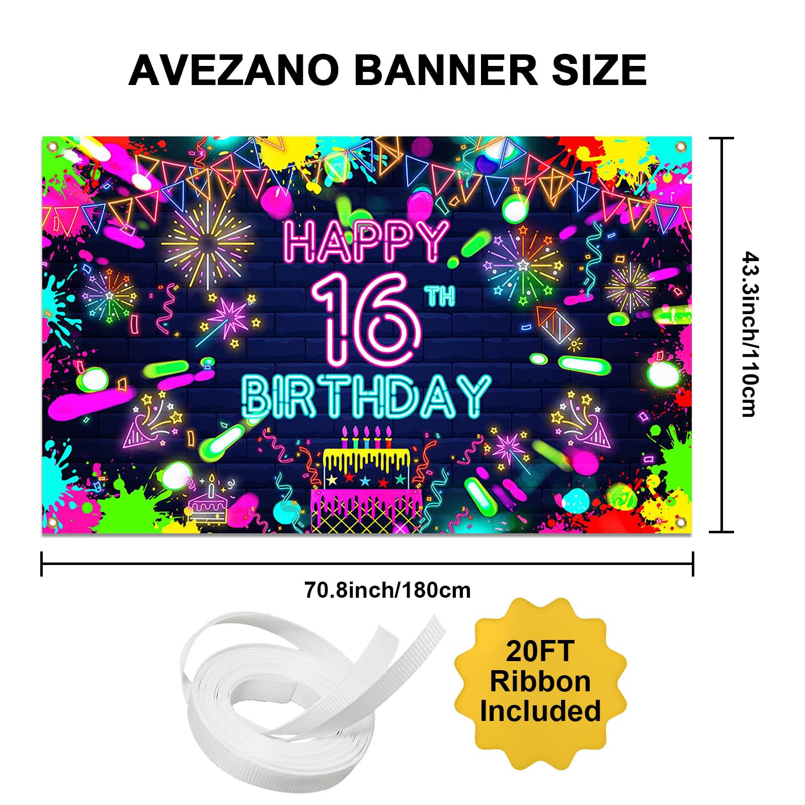 Avezano Glow Neon Sweet 16 Banner – Happy 16th Birthday Decor With Rope (71x35 Inches, Reusable) - View #3