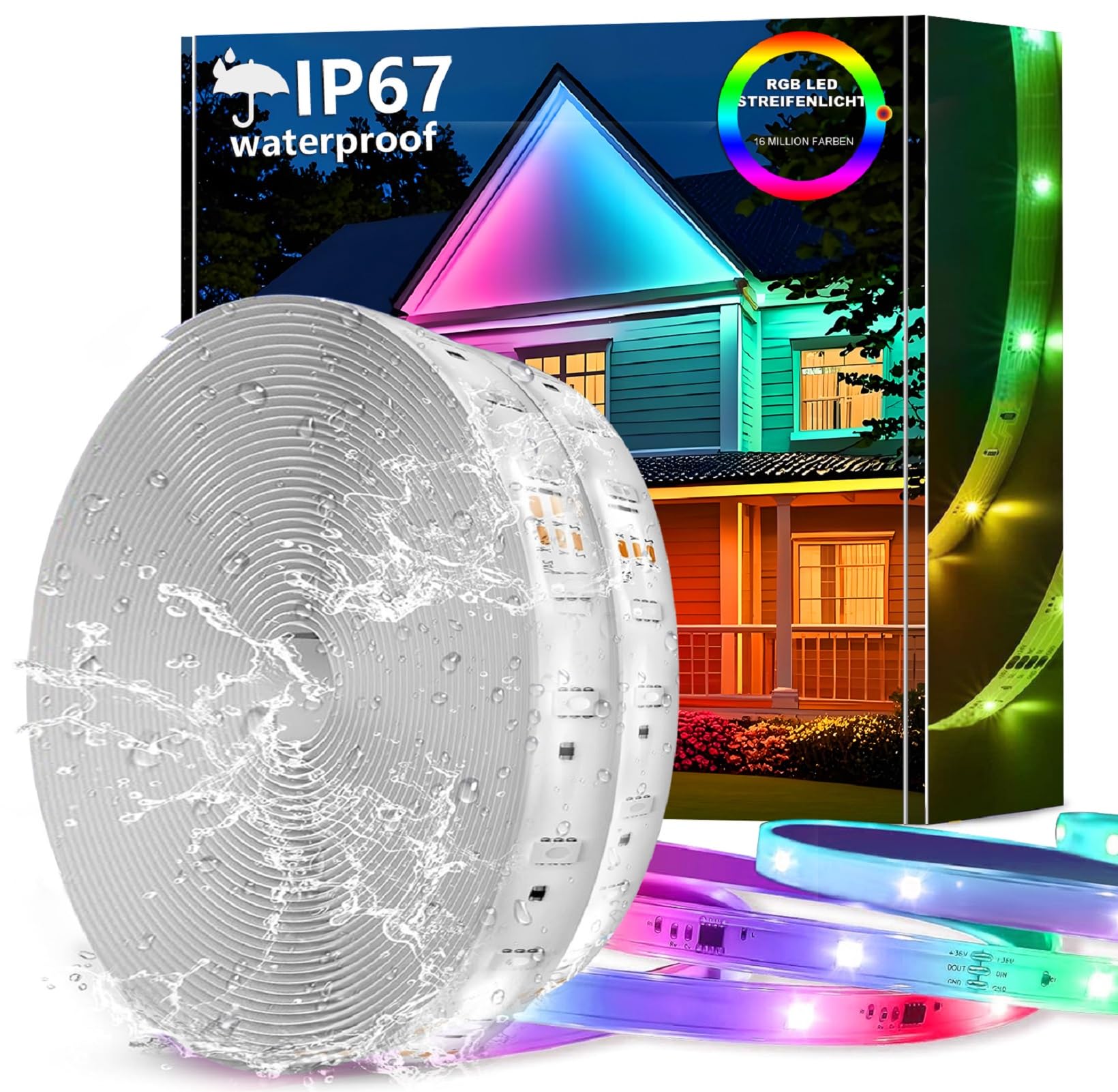 calflux 10m Led Strip Lights for Bedroom,Waterproof Led Lights Indoor Outdoor RGB String Lights with Music Sync Colour Changing,32.8FT Smart Remote Control,12V Plug for Home Christmas,(2Rolls 5m)