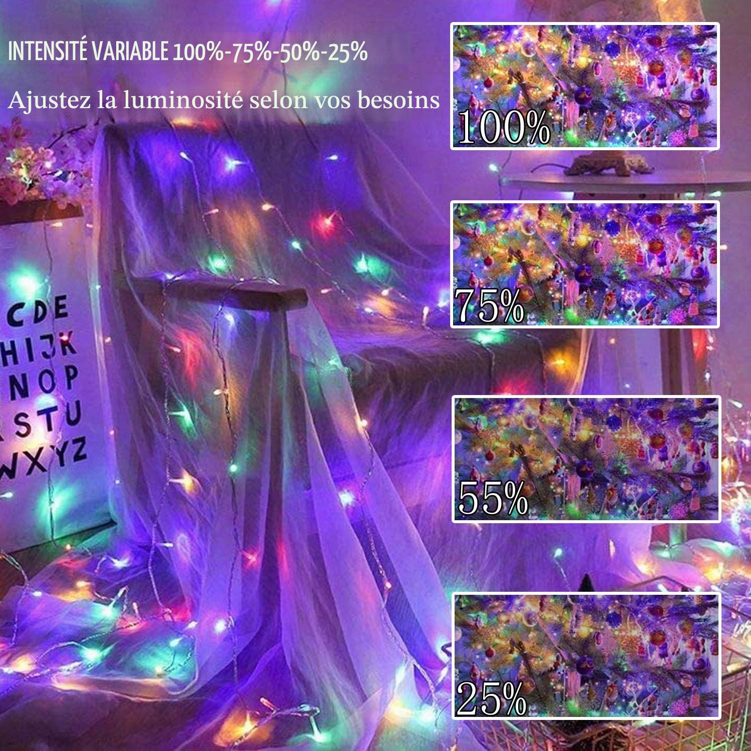 Guirlande lumineuse rideau d'extérieur, 100M longue guirlande lumineuse avec Adapteur Alimentation lumières d'arbre de Noël couleur changeante guirlande lumineuse extérieure avec télécommande
