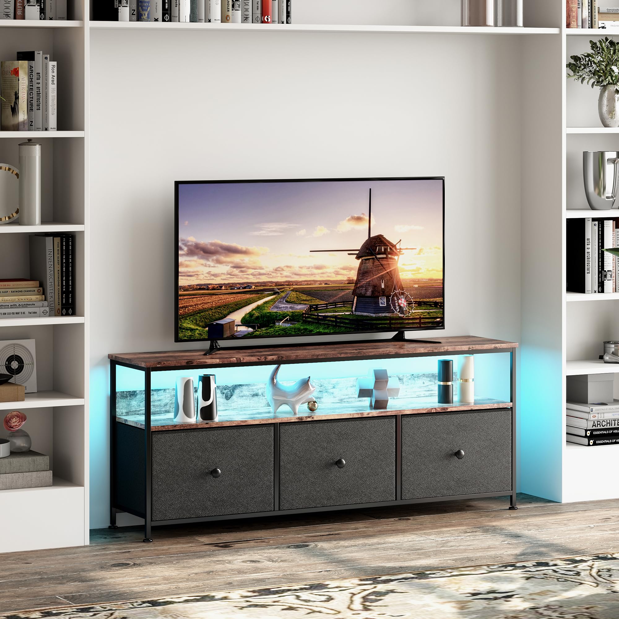 MEXUS Meuble TV, LED Meuble Tele Haut, Meuble TV avec Rangement, 3 tiroirs en Tissu, Intégrez Solutions Rangement Optimisez Visionnage Améliorez L'esthétique (Noir, 108cm)