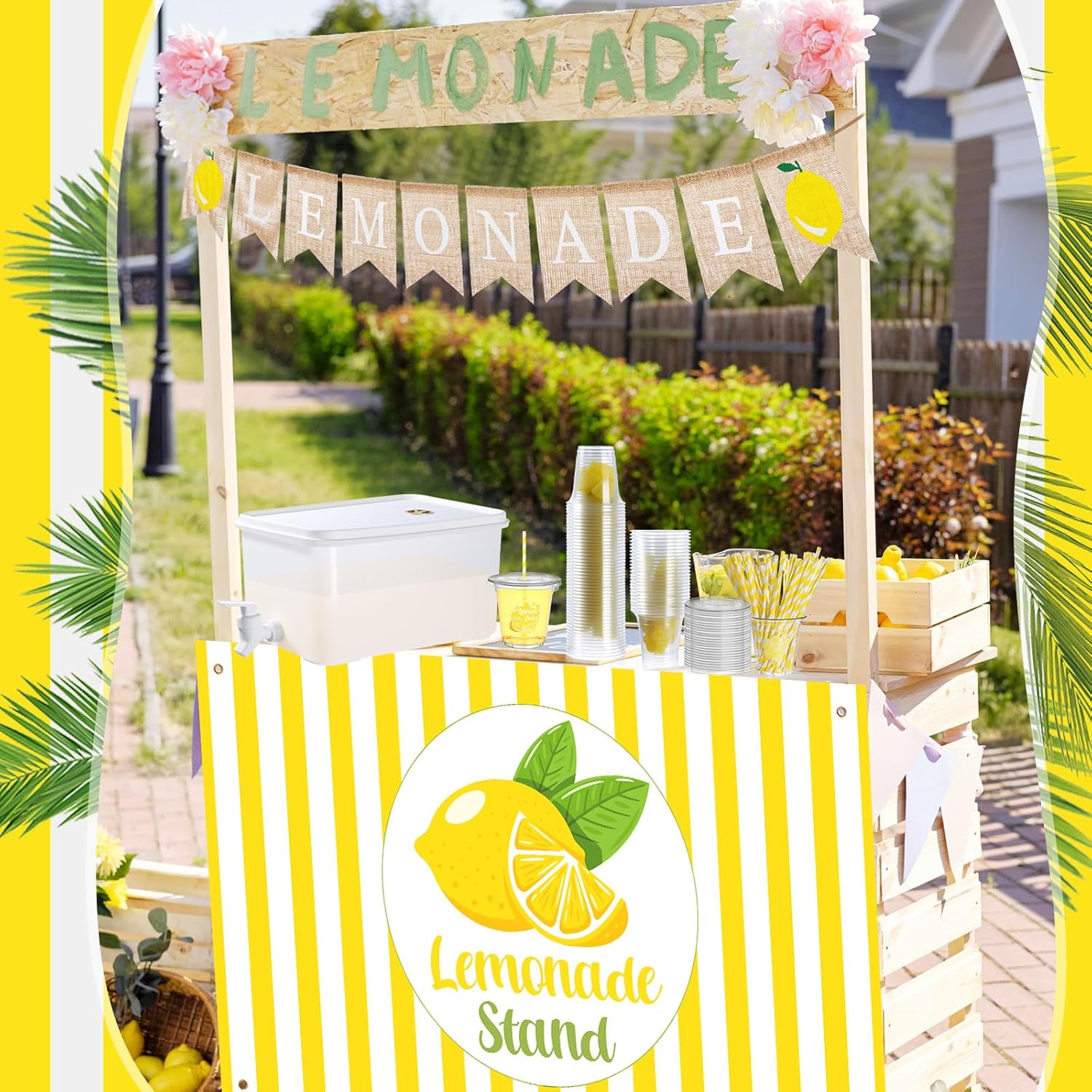 103 Pcs Lemonade Stand Supplies Includes Burlap Banner Sign Stand Table Cover 50 Sets Lemonade Cups with Lids and Straws 5l Plastic Drink Dispenser Decorations Kit Supplies