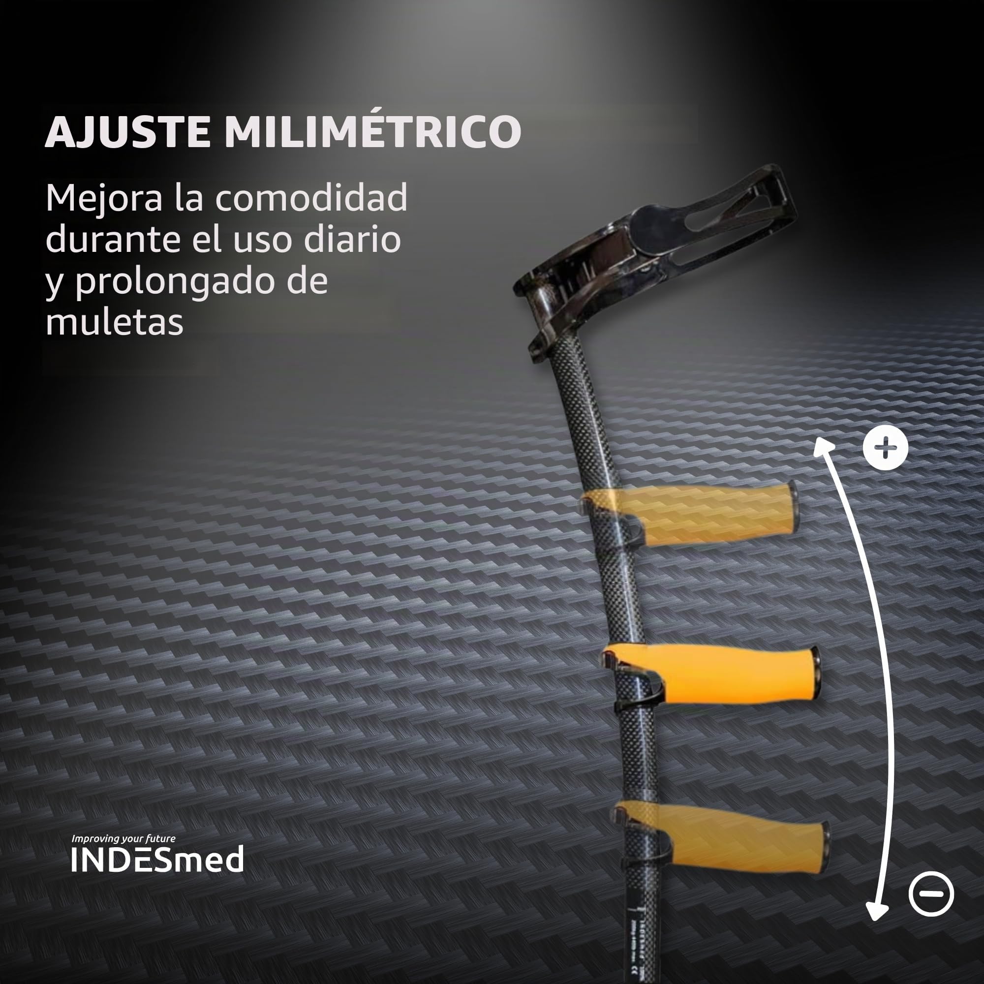 2x Muleta 100% Fibra de Carbono INDESmed, La más ligera del mundo, Diseñada y Fabricada en España, Premiada internacionalmente, adulto, ortopédica, regulable y ergonómica (NEGRO, M - 165/175cm)