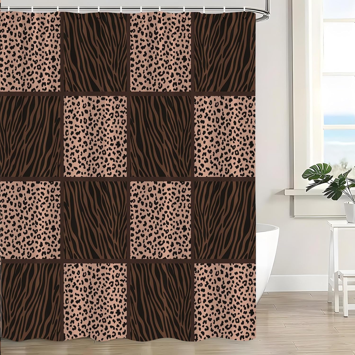 Leopard Print Shower Curtain Skin Pattern Geometric Square Stripe Splice Patchwork Wild Safari Animal Powerful Panthera Big Cat African Creative Bath Curtain Decor Fabric with Hooks