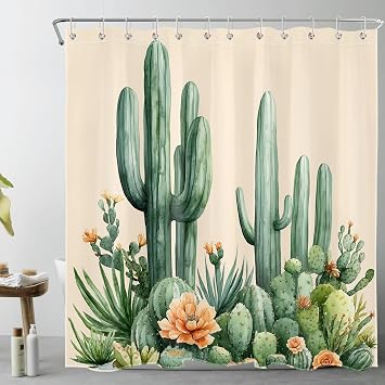 HVEST Tropical Cactus Shower Curtain with Hooks, Green Succulent Plant Cactus and Orange Floral on Beige Shower Curtain Desert Nature Botanical Bathroom Decor Shower Curtain Set,72W X 72L inches