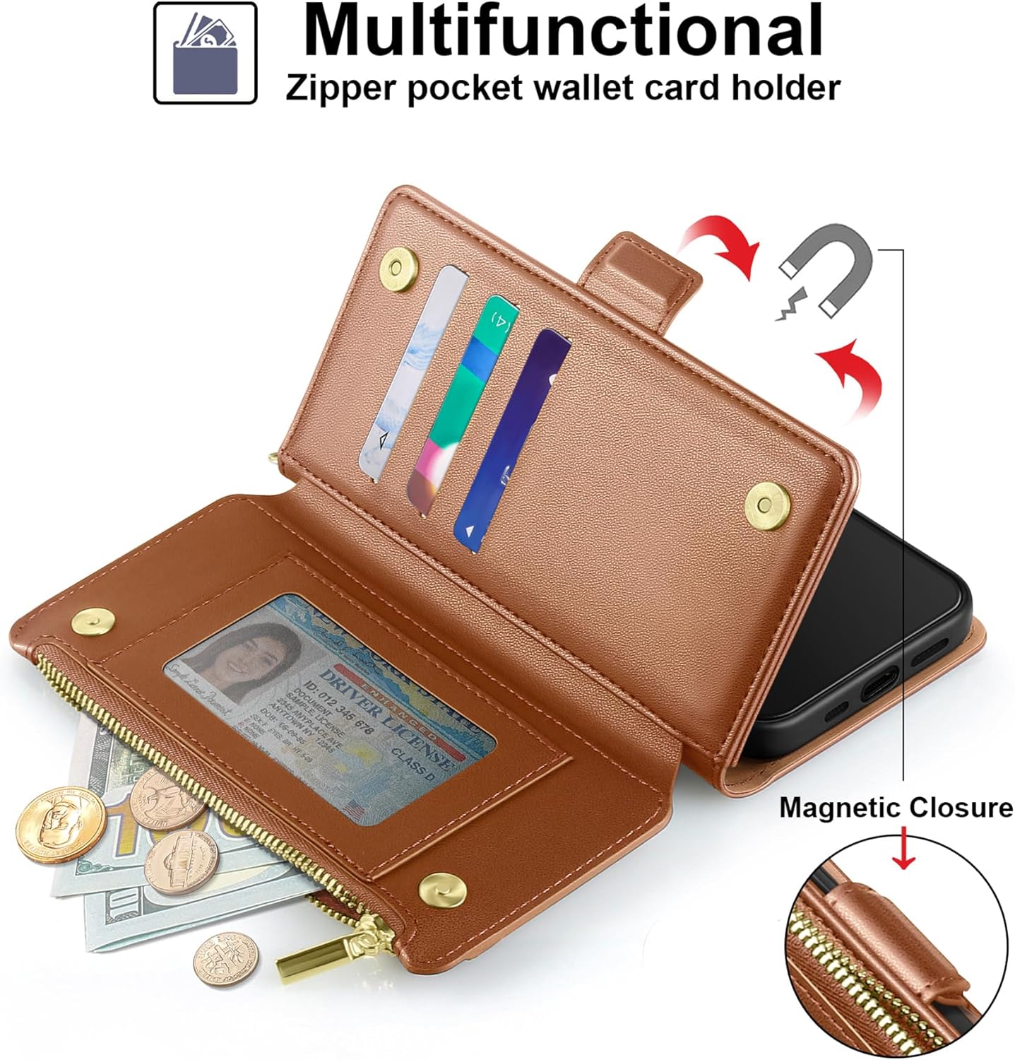 Antsturdy Compatible with iPhone 14 Pro Wallet Case,RFID Blocking PU Leather Phone Case Women Men Kickstand Flip Cover Wrist Strap Zipper Credit Card Holder Slots for Apple 14 Pro 6.1",Light Brown