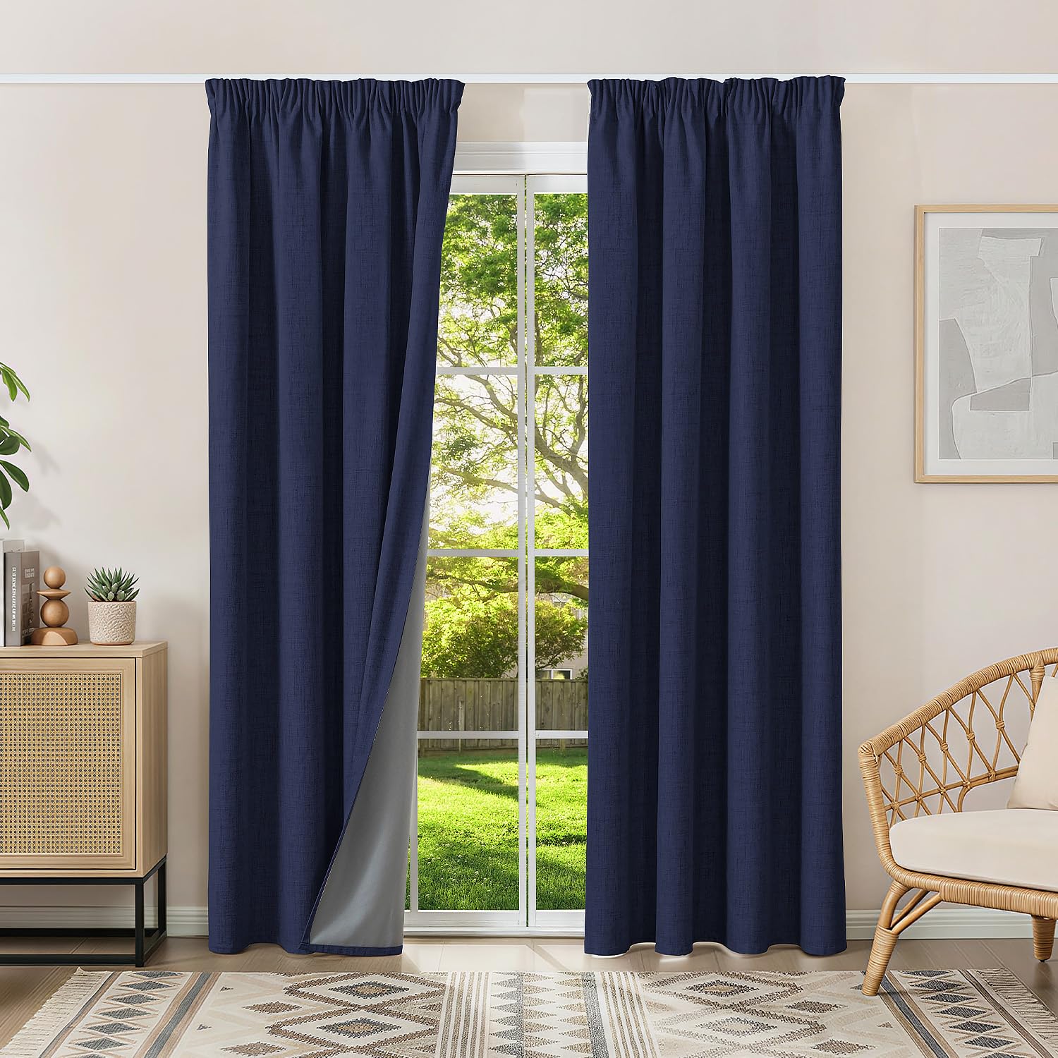 Runyéla 100% Blackout Curtains Pencil Pleat Linen Curtain for Bedroom Living Room Thermal Insulated 46 x 72 Inch Drop 2 Panels Denim Blue