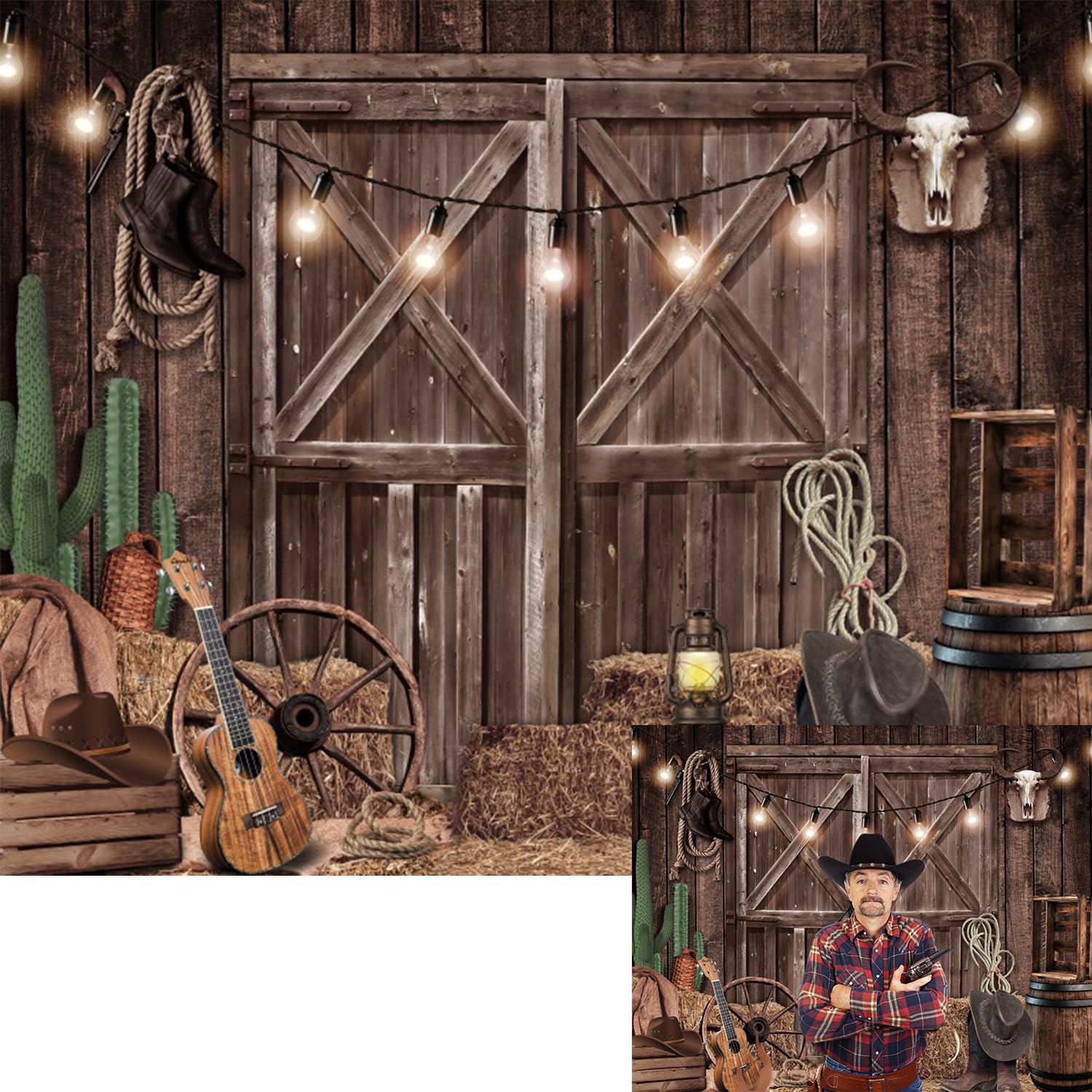 Western Cowboy Backdrop Wild West Rustic Wooden Barn Door Photography Background for Birthday Party for Kids Adult Cowboy Theme Party Decorations Banner Photo Booth 10x8ft